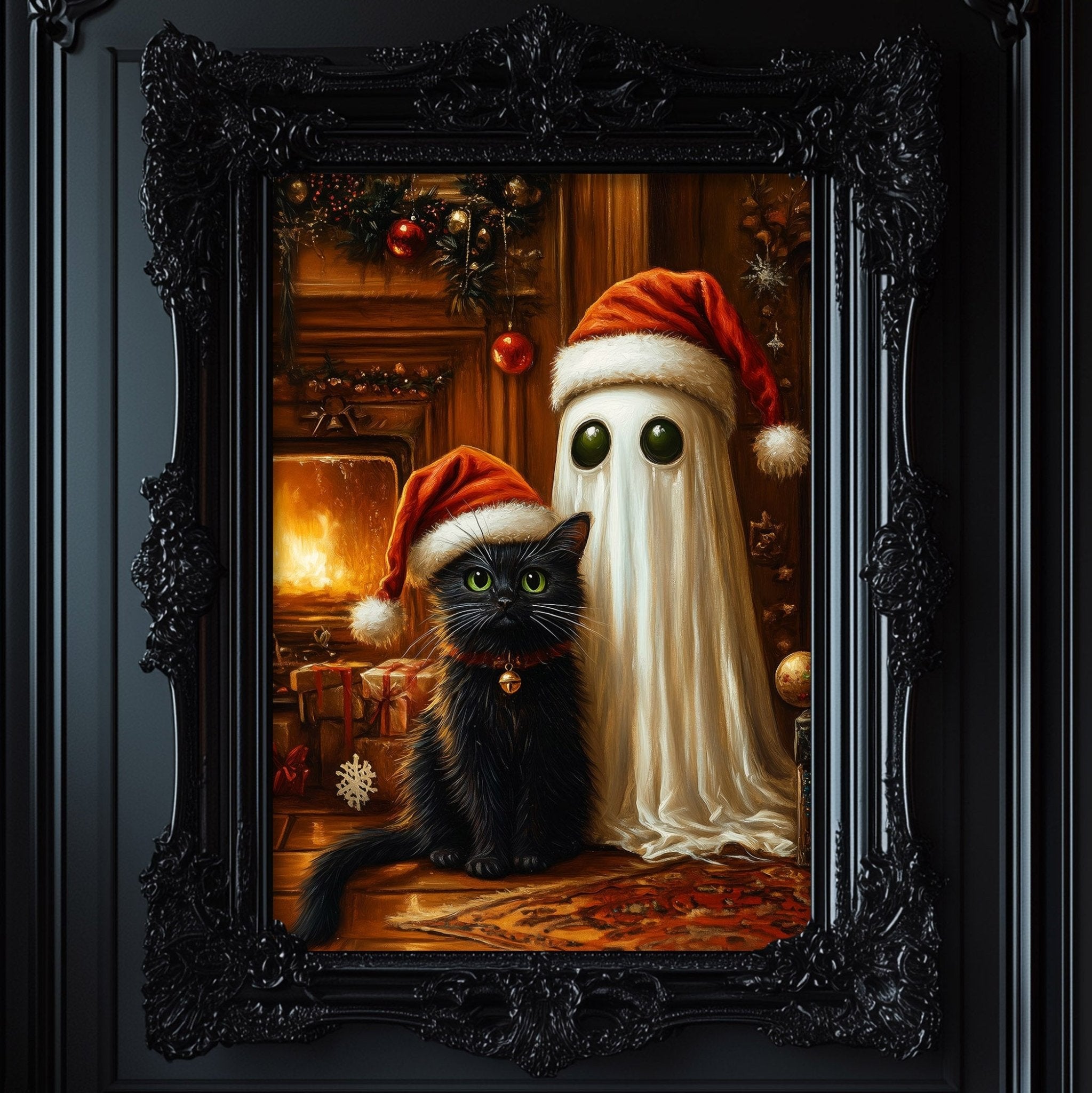 A black cat wearing a Santa hat sits next to a white ghost in a cozy, festively decorated room with a fireplace and Christmas decorations.
