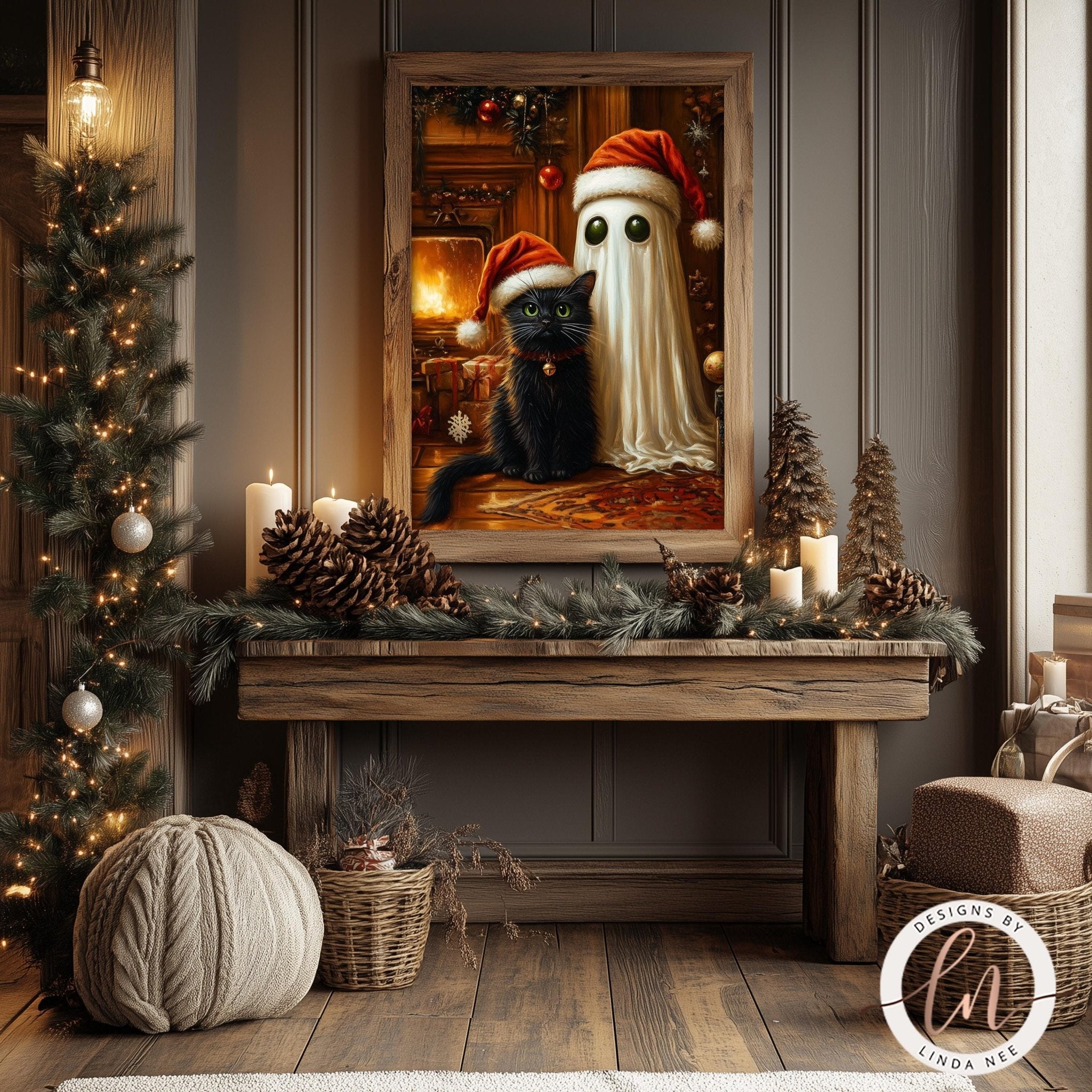 a cozy and festive scene with a wooden table adorned with pine cones, candles, and a Christmas tree. A framed painting of a cat wearing a Santa hat is displayed on the wall above the table.