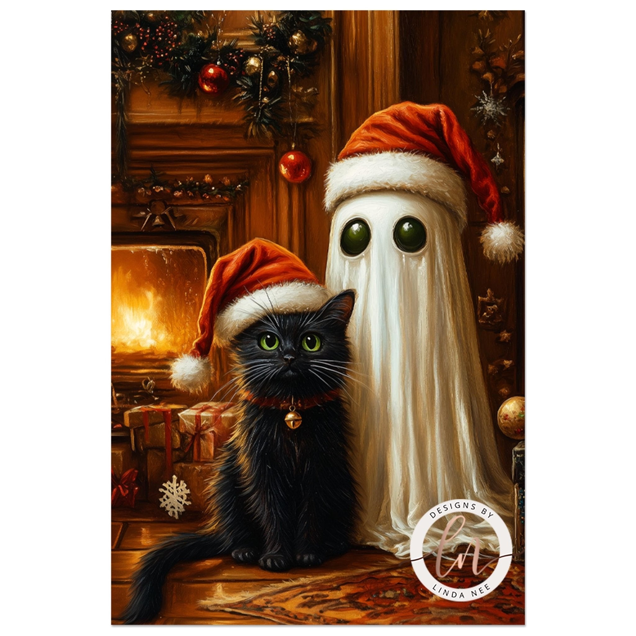 A black cat wearing a Santa hat sits next to a ghost wearing a Santa hat, both in front of a fireplace decorated with Christmas ornaments and a wreath.