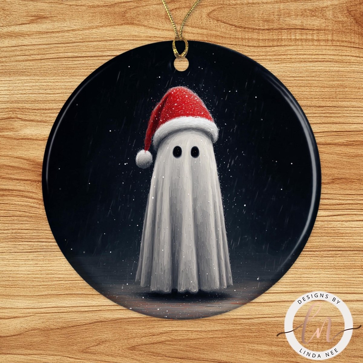 A ghost wearing a Santa hat is standing in the center of the image, surrounded by a dark background with falling snowflakes.
