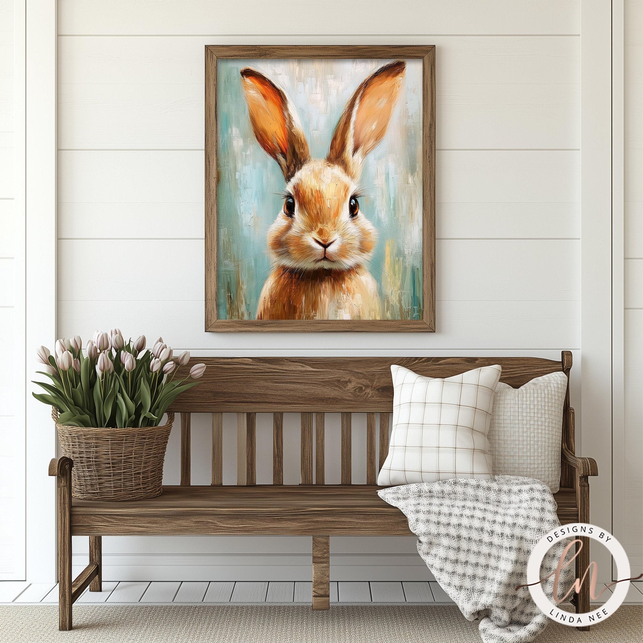 a wooden bench with a wicker basket filled with flowers, and a framed painting of a rabbit hanging on the wall above it.