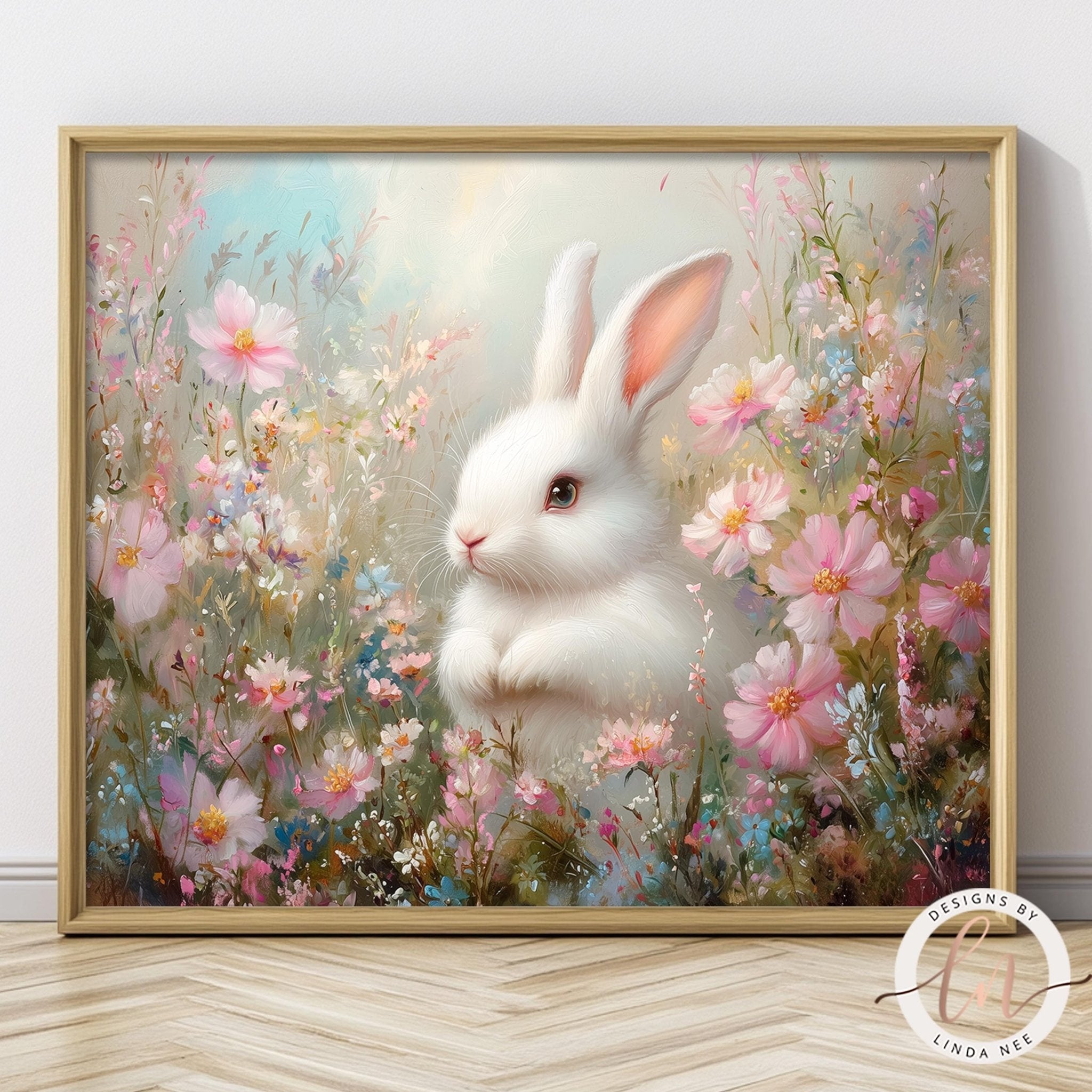 Spring Bunny Rabbit Print - Vintage Wildflower Field Decor