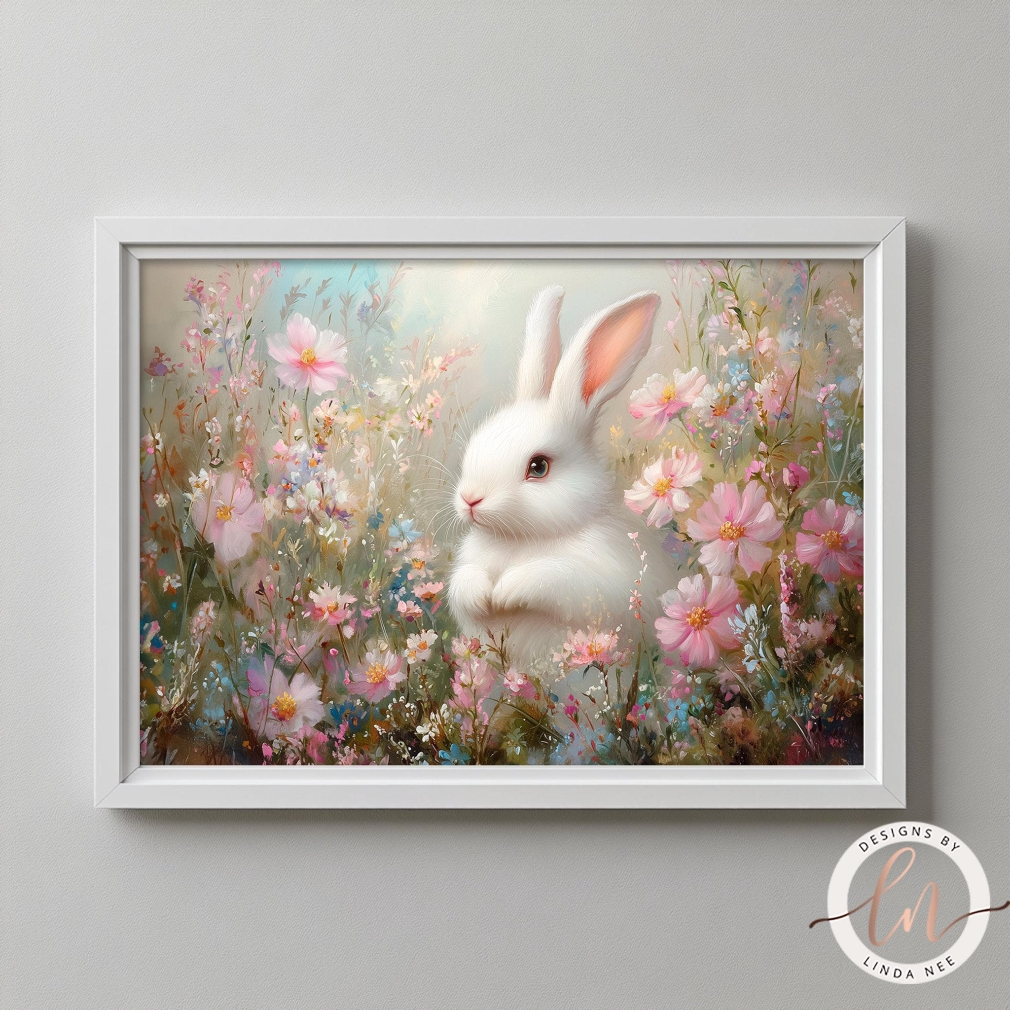 Spring Bunny Rabbit Print - Vintage Wildflower Field Decor