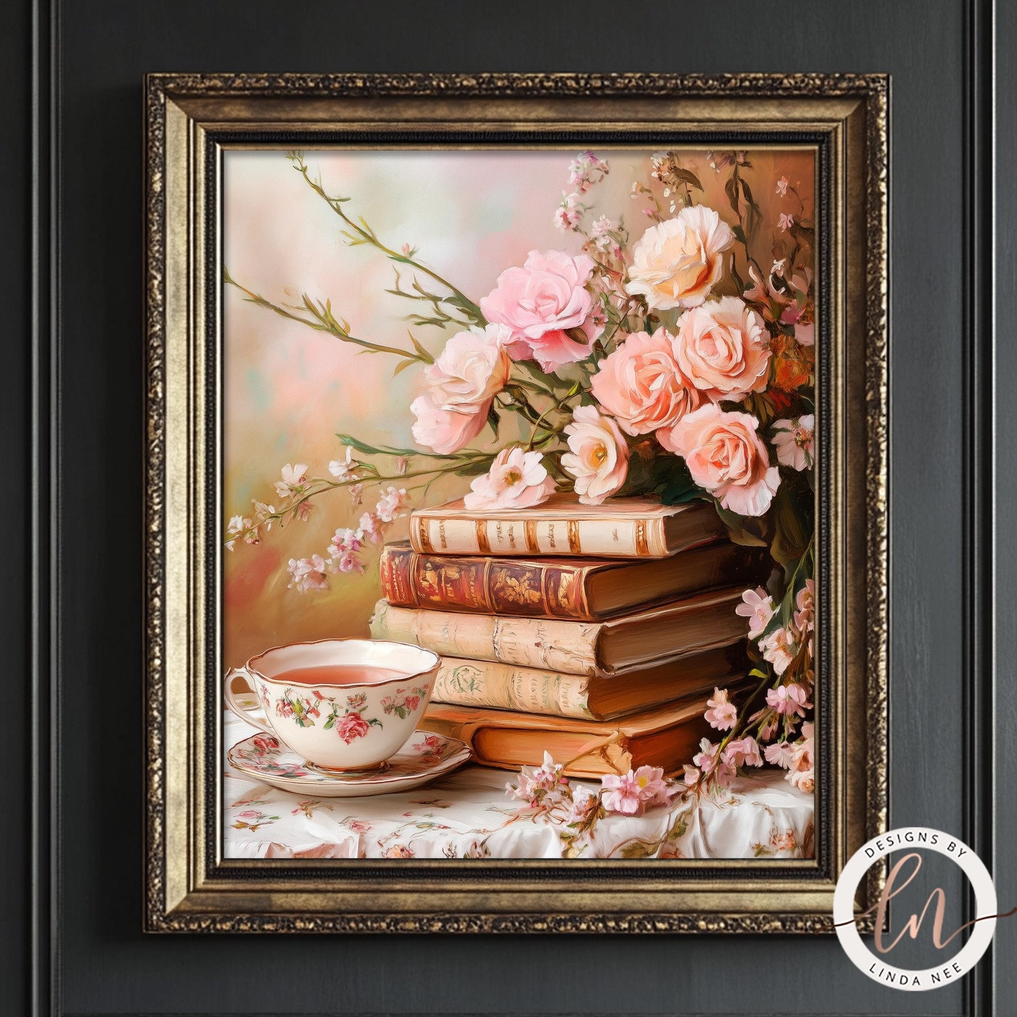 A framed painting depicting a stack of books with a teacup and saucer on top, surrounded by pink roses and branches.