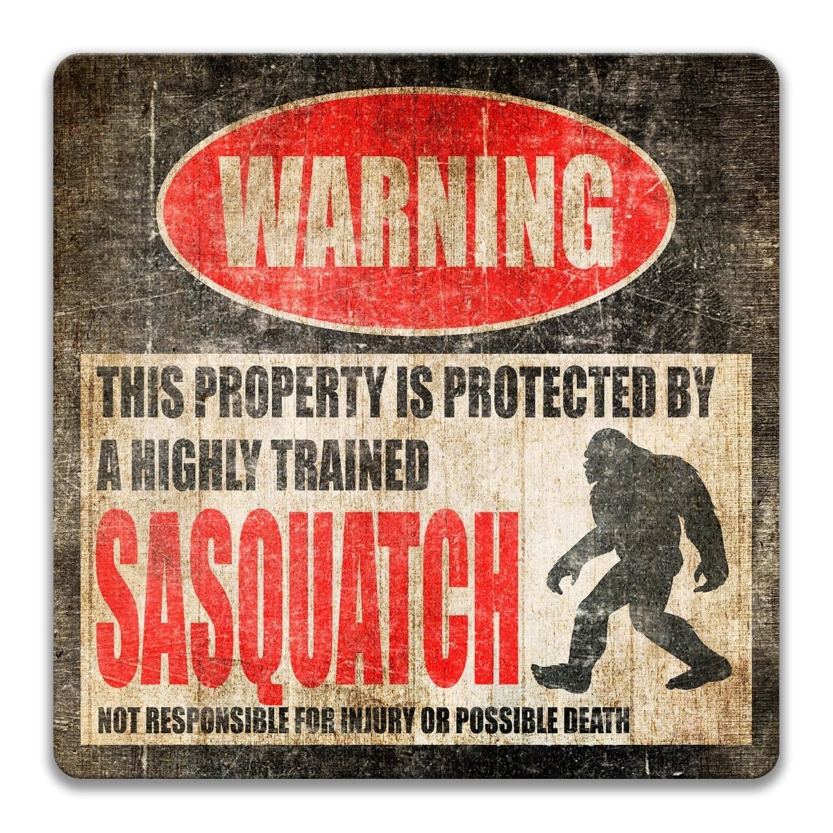 Square Sasquatch warning metal sign, black background with red WARNING banner and sasquatch silhouette, alternate finish