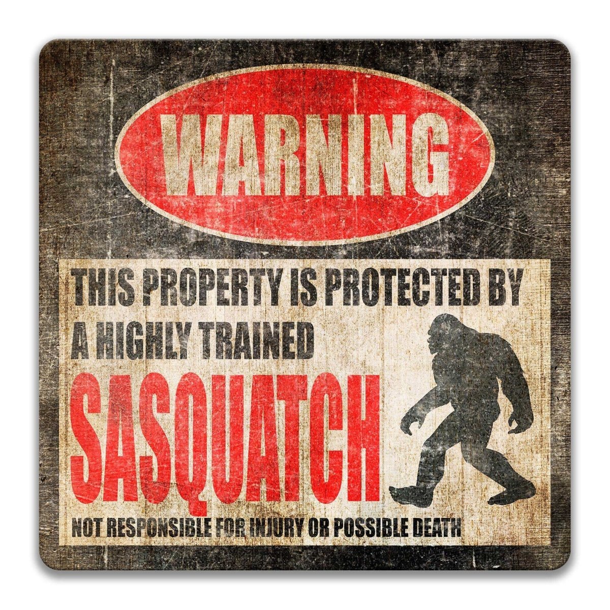 Square Sasquatch warning metal sign, black background with red WARNING banner and shaggy Sasquatch silhouette