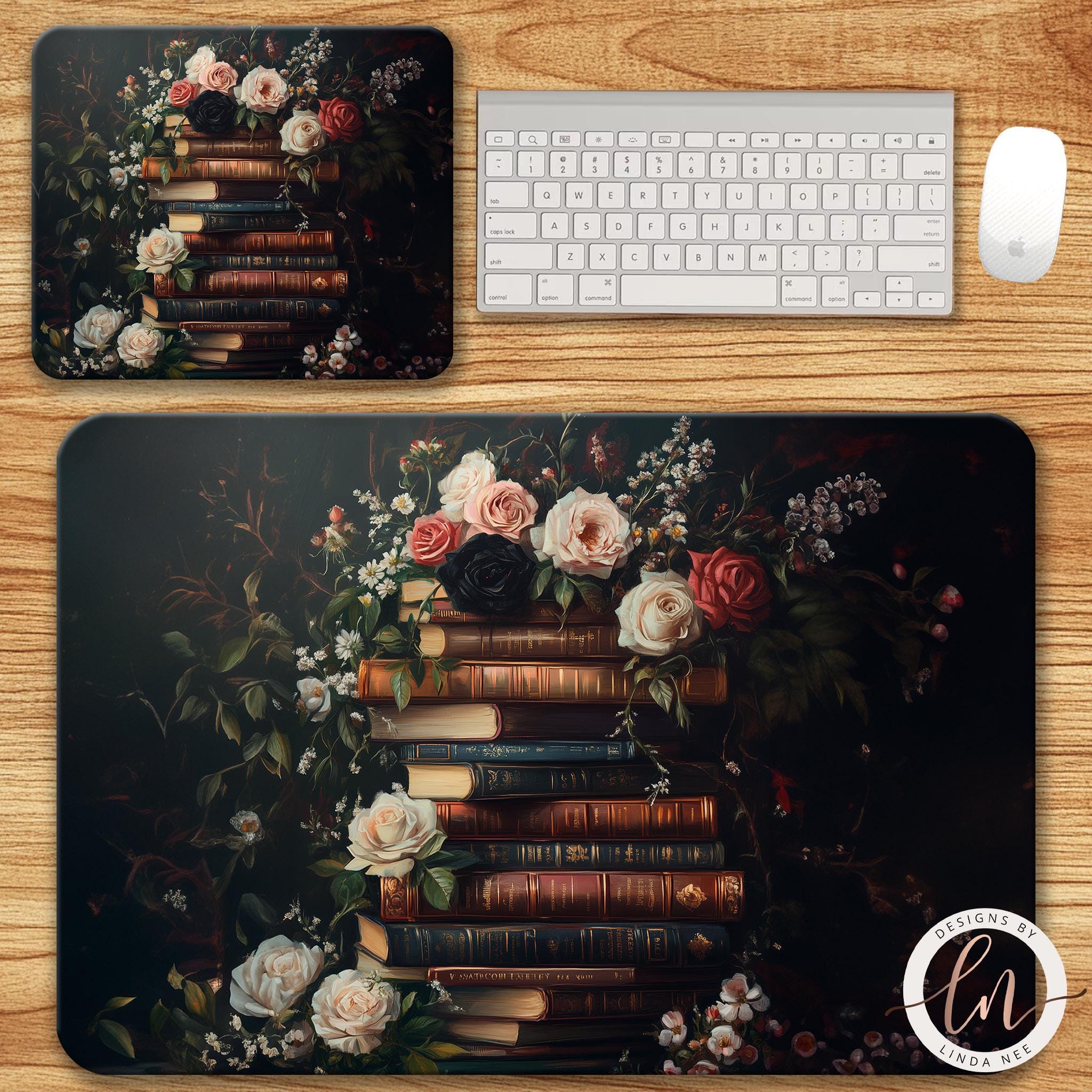 Stack of Books Floral Mousepad - Dark Romance Desk Mat