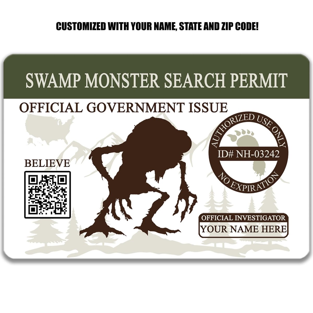 The image is a customized swamp monster search permit, featuring a silhouette of a monster and a QR code.