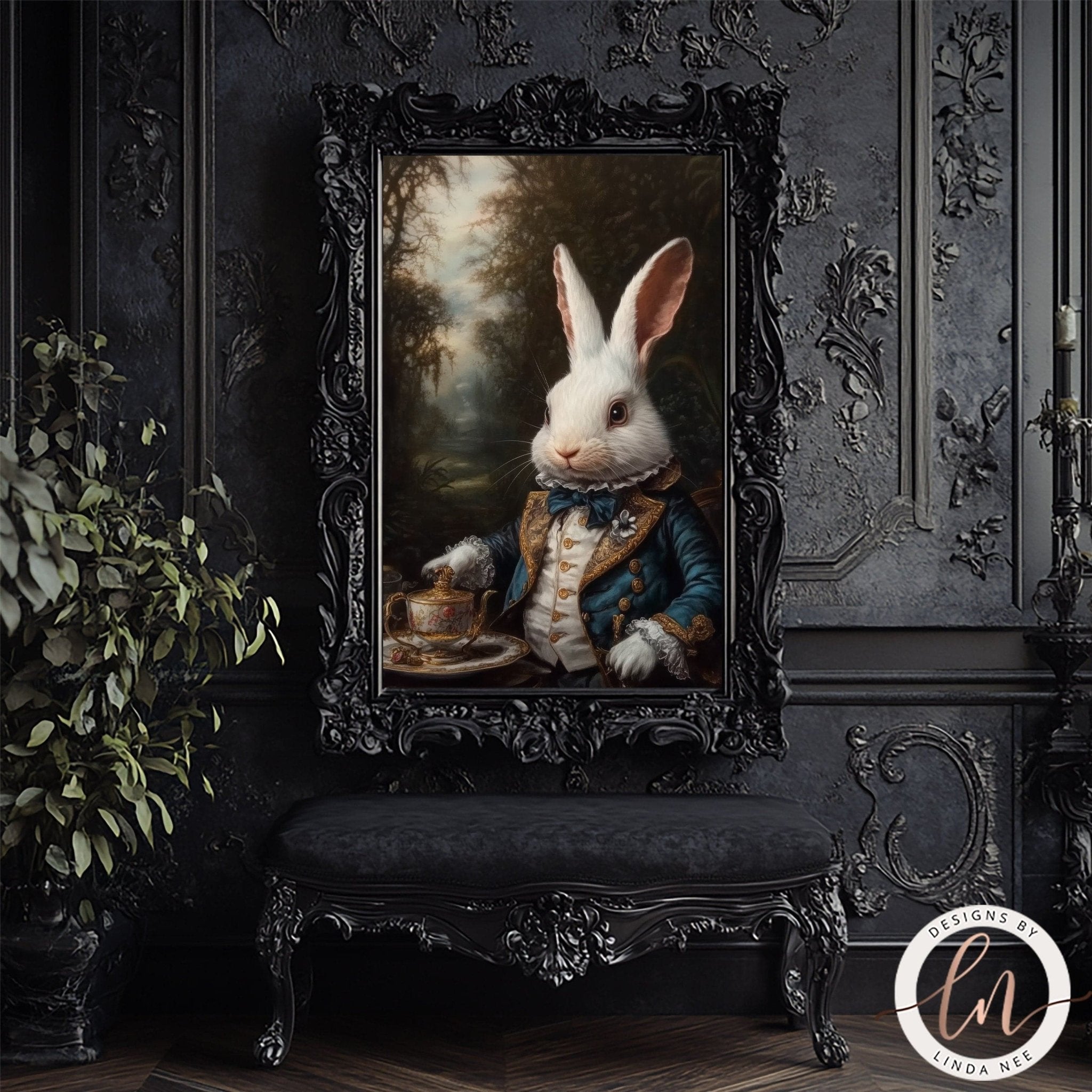 a large painting of a white rabbit wearing a blue and gold outfit, sitting on a black bench and holding a teapot. The painting is framed in an ornate black frame and is displayed on a dark wall.