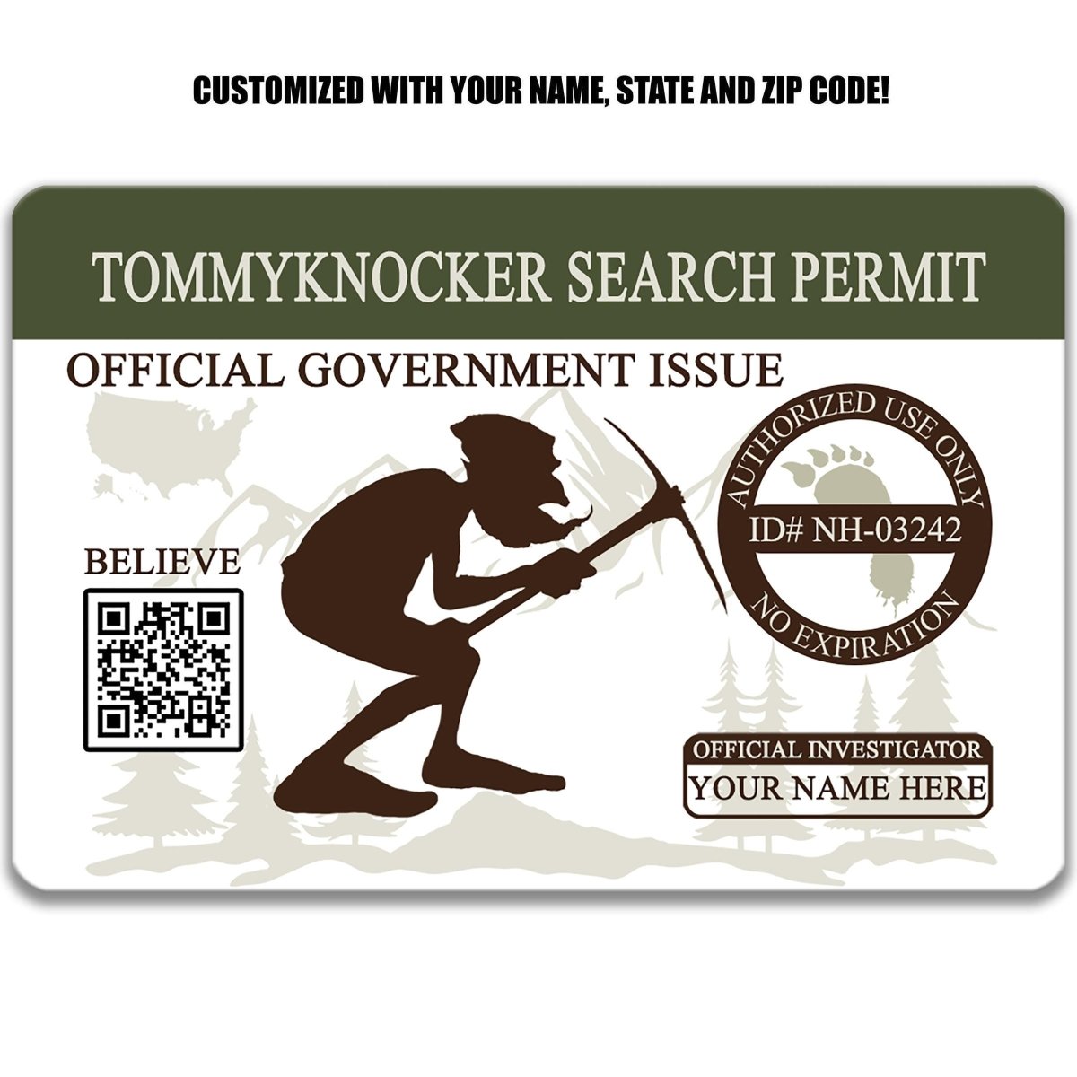 The image is a custom-made search permit for a Tommyknocker, featuring a silhouette of a person digging with a shovel and a QR code.