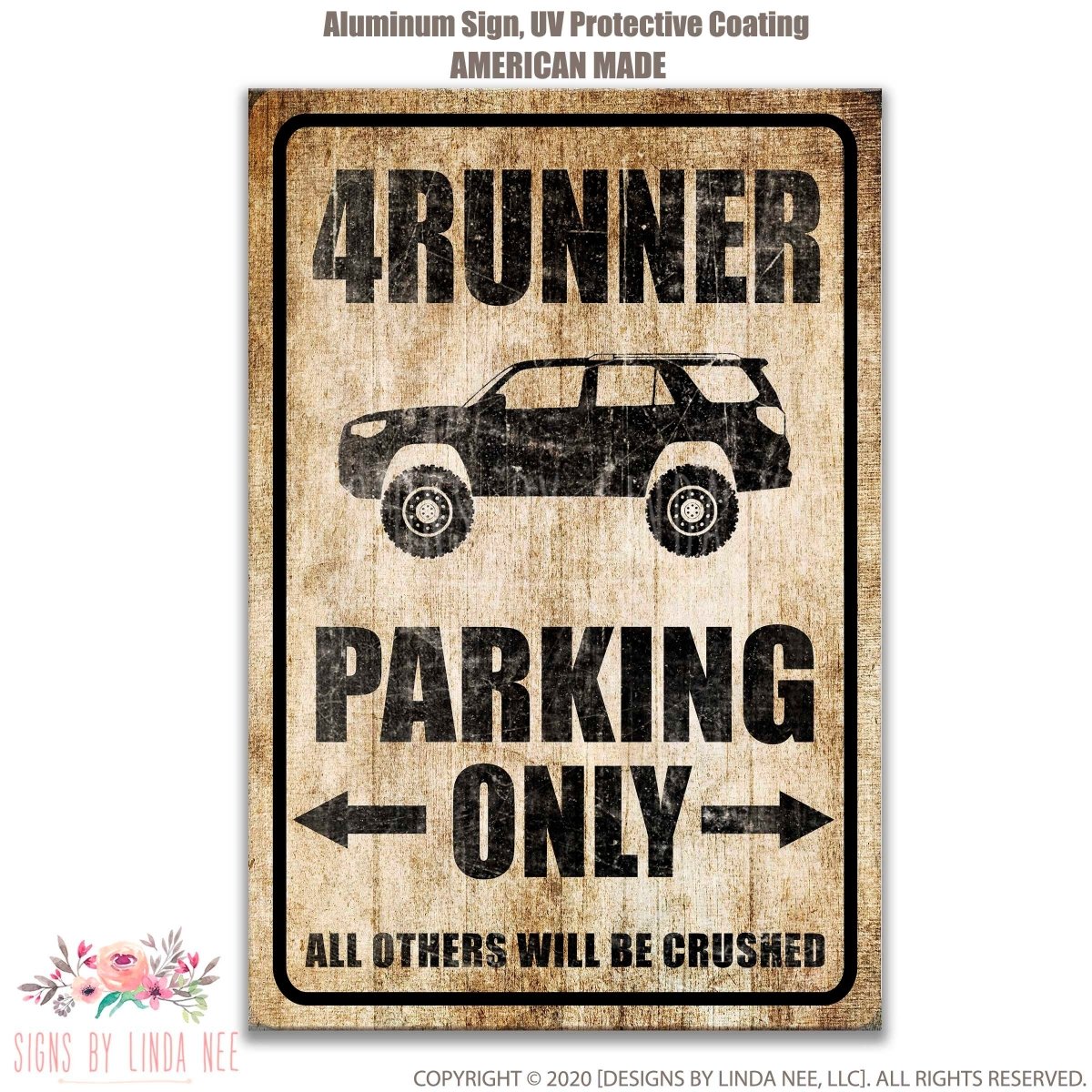 The image is a wooden sign with a black and white illustration of a 4-runner vehicle, indicating that only 4-runner vehicles are allowed to park in the designated area.