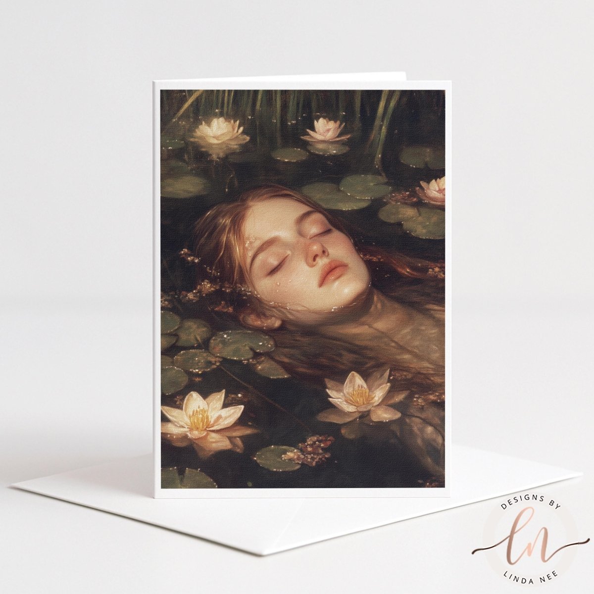 A woman's face is depicted in a tranquil, peaceful scene, surrounded by lily pads and flowers, with her eyes gently closed.