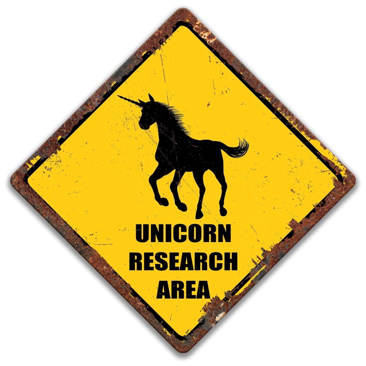 a sign with a black silhouette of a unicorn and the text "UNICORN RESEARCH AREA" in bold letters.
