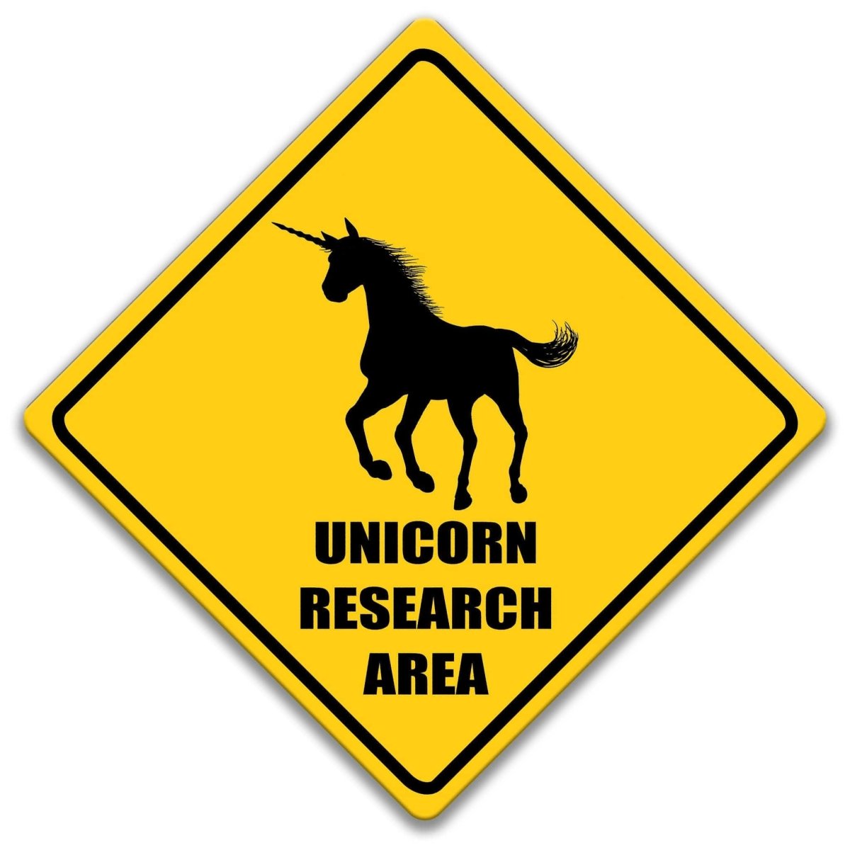a yellow diamond-shaped sign with a black silhouette of a unicorn and the text "UNICORN RESEARCH AREA" written below it.