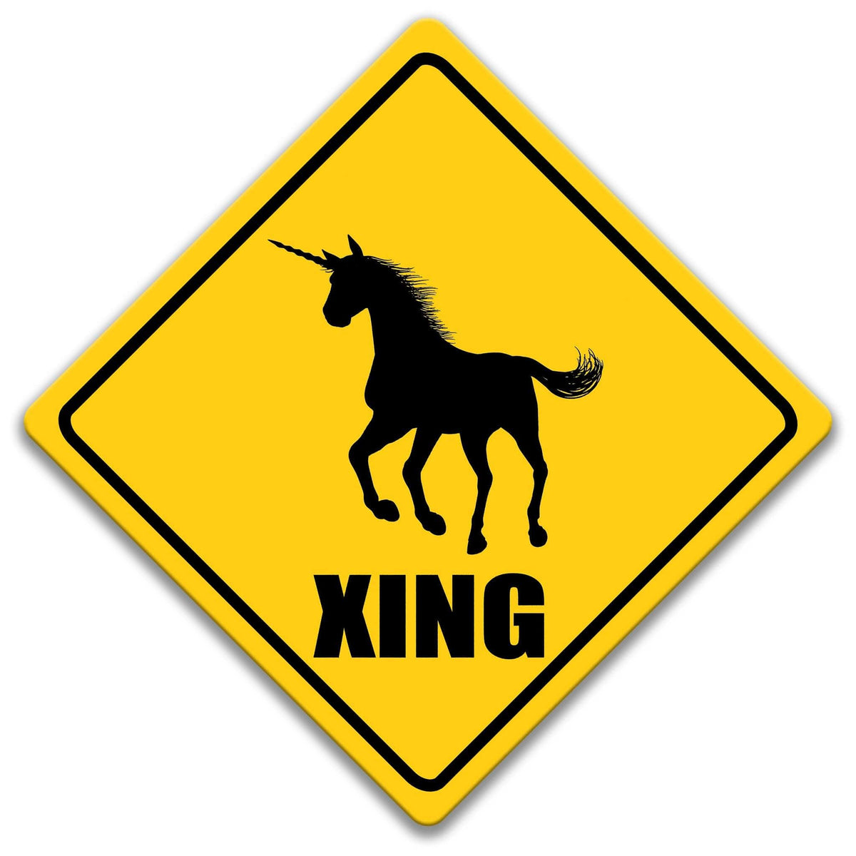 A yellow diamond-shaped sign with a black silhouette of a unicorn and the word "XING" below it.