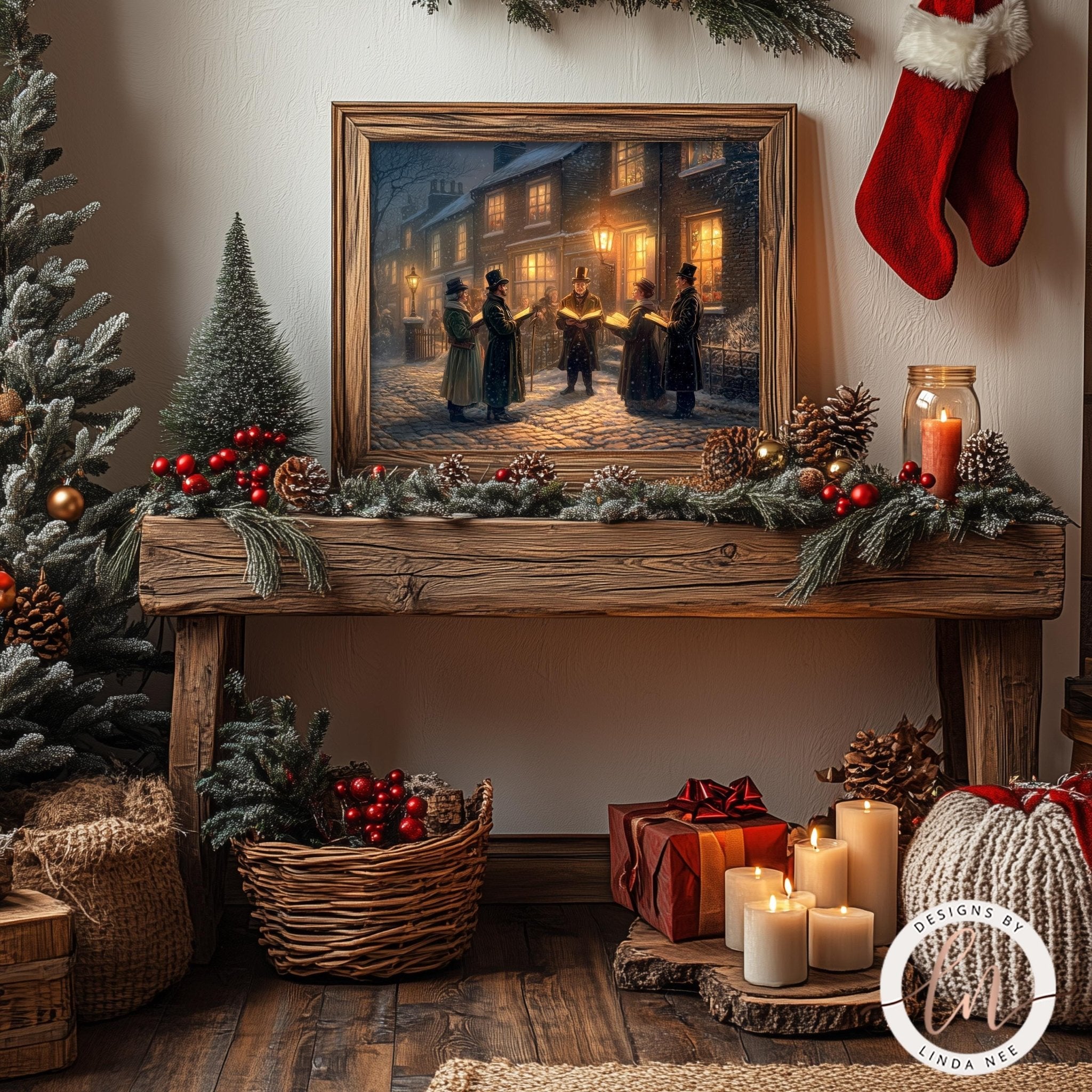 a cozy and festive Christmas scene, featuring a wooden table adorned with holiday decorations, including pine cones, red berries, and a wreath. A framed painting of a group of people in a village is displayed on the table, and a lit candle adds a warm glow to the scene. The overall atmosphere is one of celebration and togetherness, with the holiday decorations and the painting creating a harmonious and inviting space.