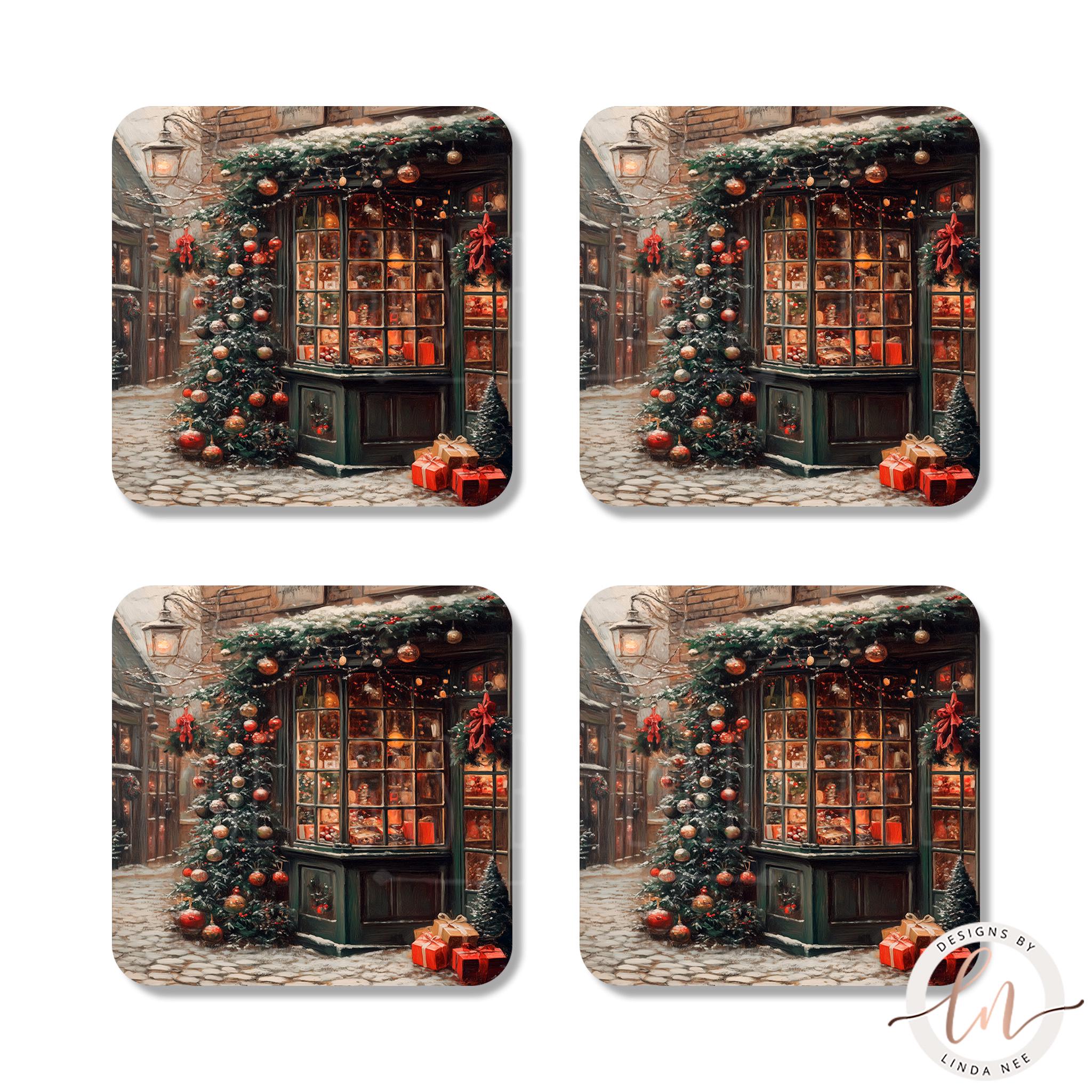 Victorian Christmas Store Coasters Set - Winter ArtDesigns by Linda Nee