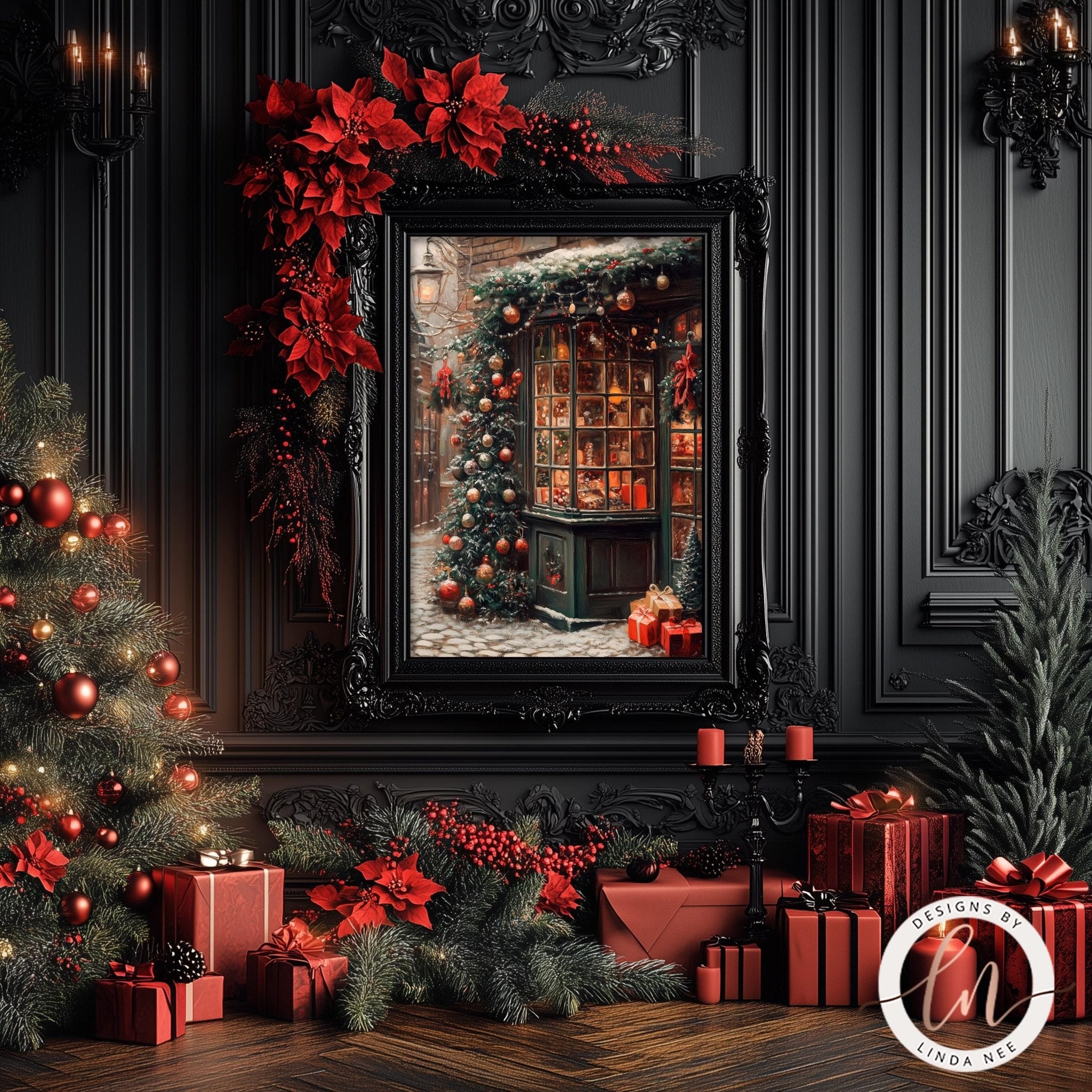 The image is a festive Christmas scene with a decorated Christmas tree, a framed picture of a Christmas shop, and various red presents and decorations surrounding the area.