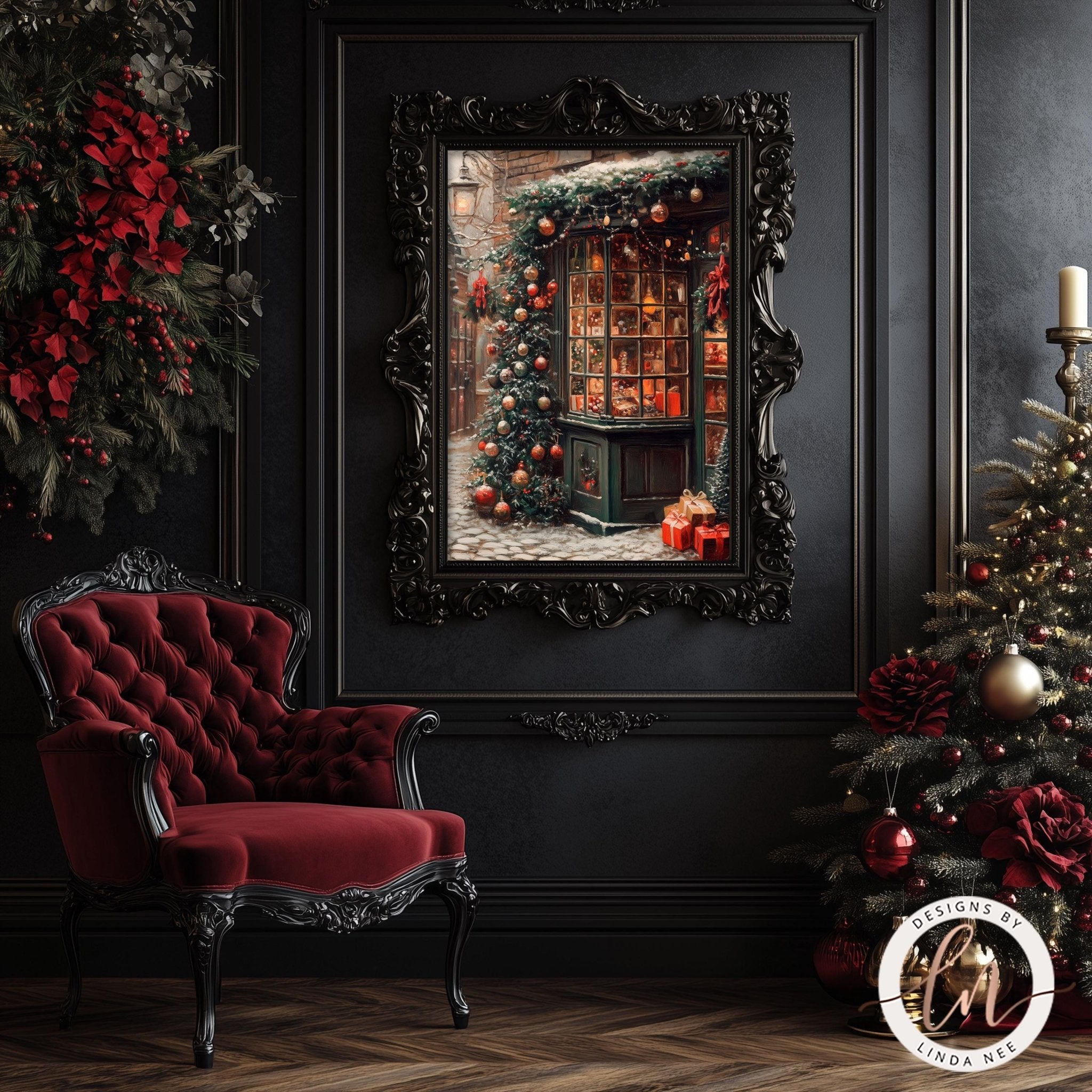 a cozy and festive Christmas scene, with a beautifully decorated Christmas tree, a red velvet armchair, and a framed painting of a Christmas-themed storefront.