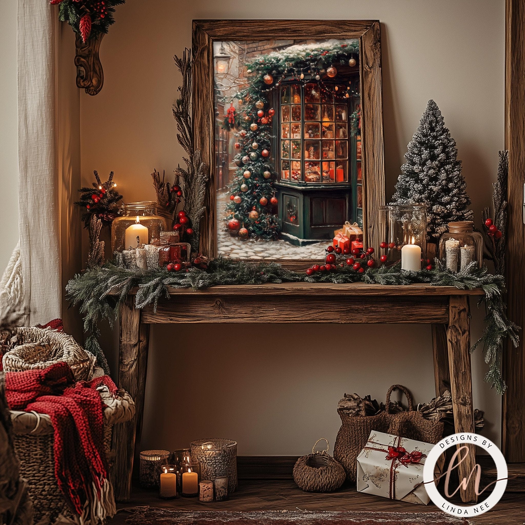 a cozy and festive Christmas scene, featuring a beautifully decorated storefront with a Christmas tree and ornaments, surrounded by holiday decorations such as garlands, lights, and wreaths. The storefront is framed and displayed on a wooden table, creating a warm and inviting atmosphere.