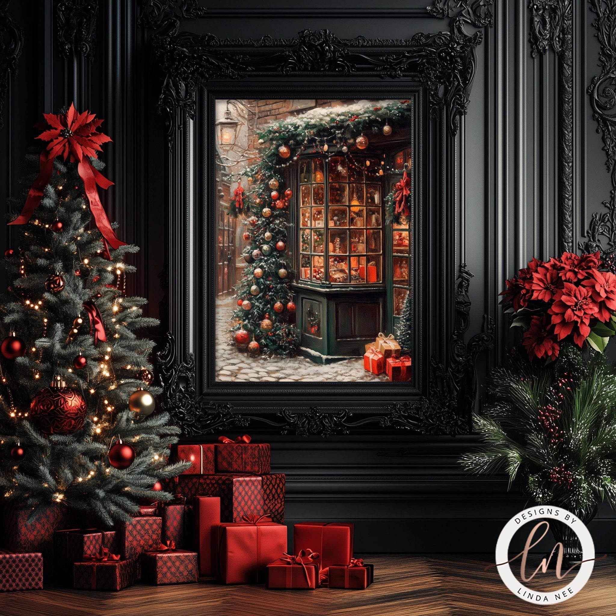 a festive Christmas scene with a beautifully decorated tree, a large window display, and a pile of wrapped gifts.