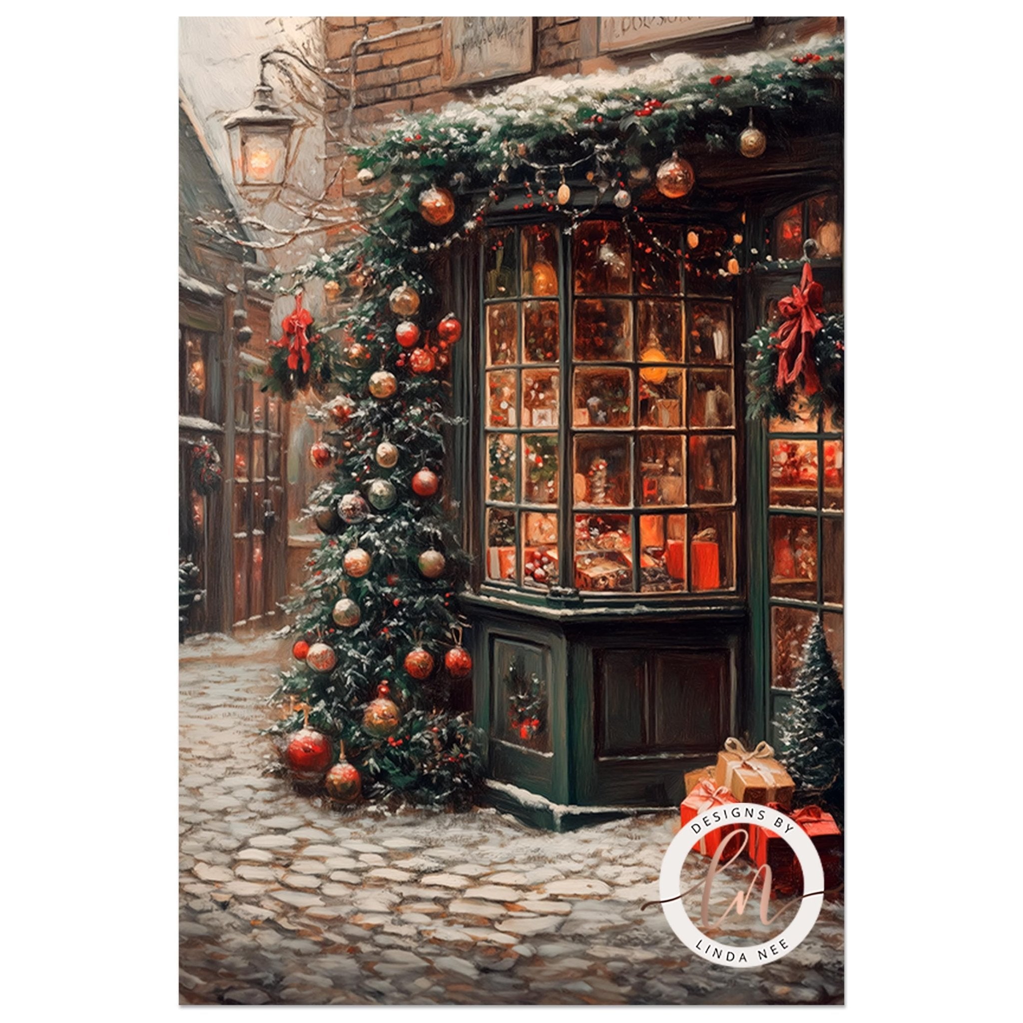 A festive Christmas scene with a decorated storefront, a large Christmas tree, and various ornaments and lights adorning the windows.