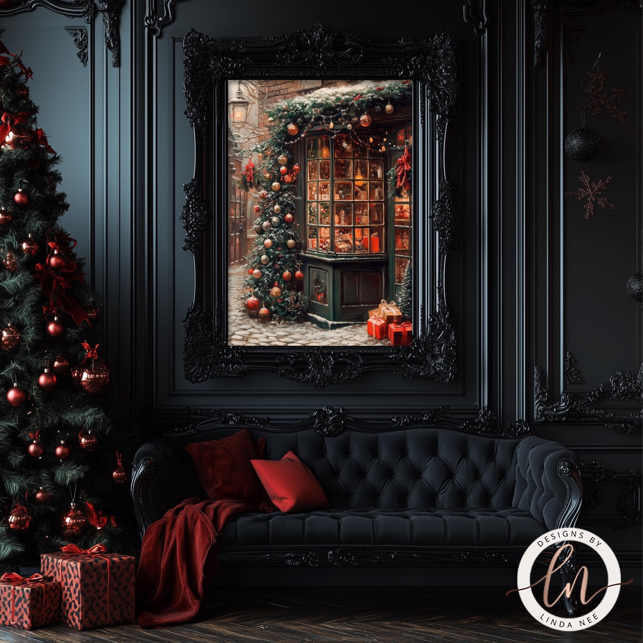 a cozy and festive Christmas scene, featuring a beautifully decorated Christmas tree, a black sofa with red pillows, and a framed picture of a Christmas-themed storefront.