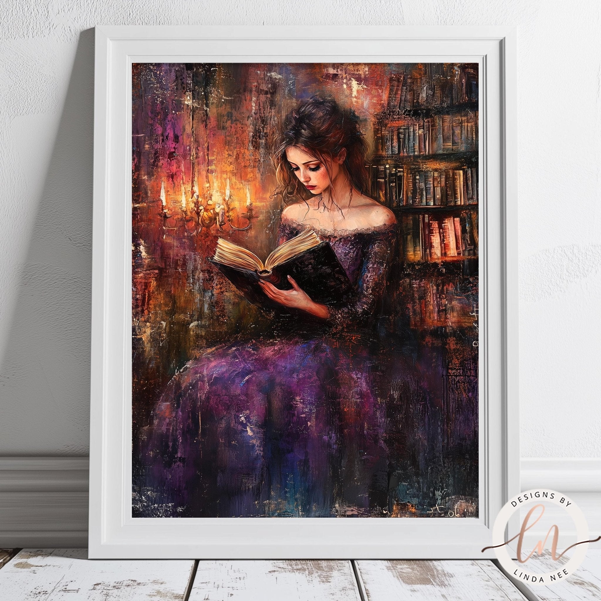 A woman in a purple dress is sitting in a library, reading a book.