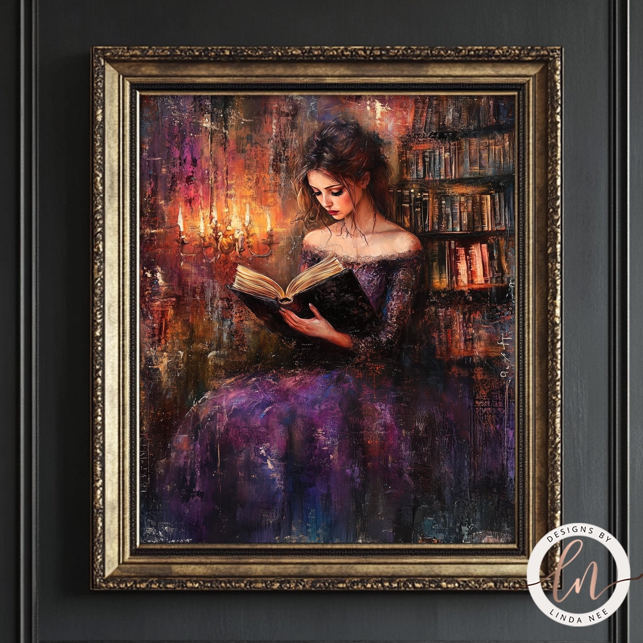 A woman in a purple dress is sitting in a library, reading a book.