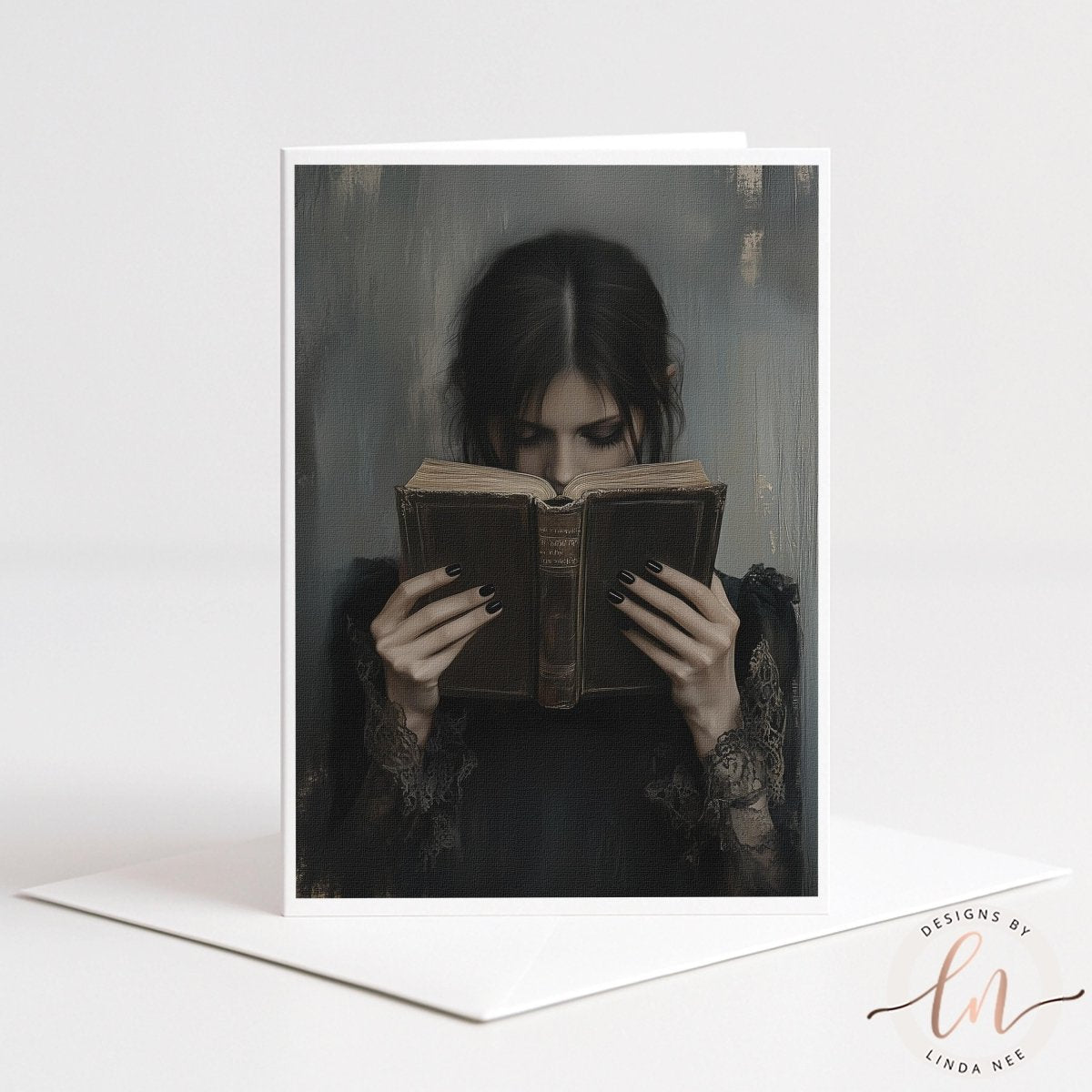 A woman is reading a book with a serious expression on her face.