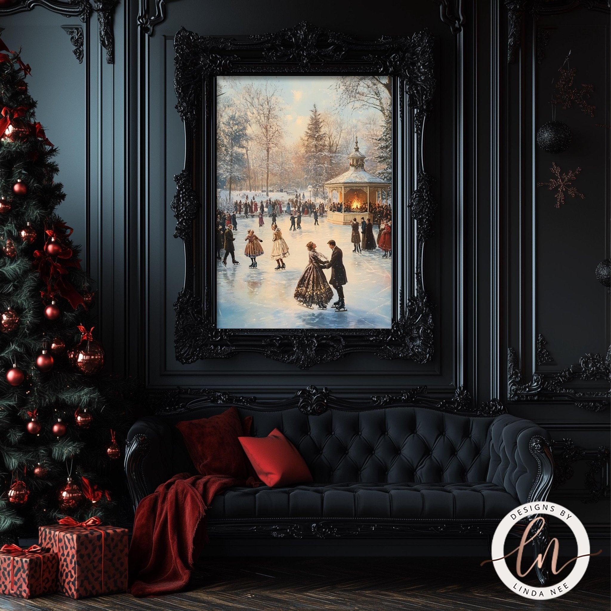 a cozy, festive scene with a large painting of a snowy winter day featuring people ice skating, surrounded by a warm, inviting atmosphere.
