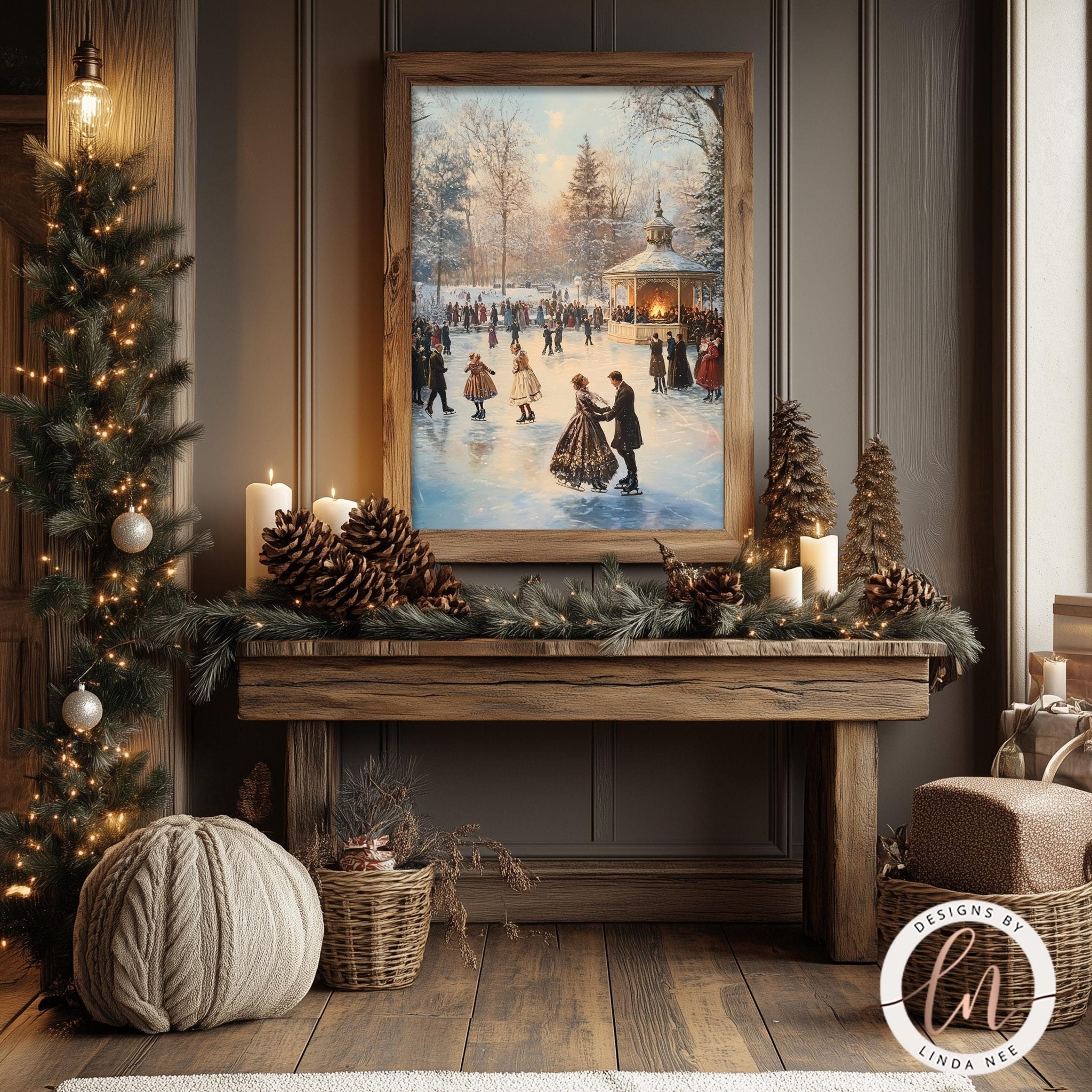 a cozy and festive Christmas scene, with a wooden table adorned with pine cones and greenery, a framed painting of people ice skating, and a Christmas tree decorated with lights and ornaments.