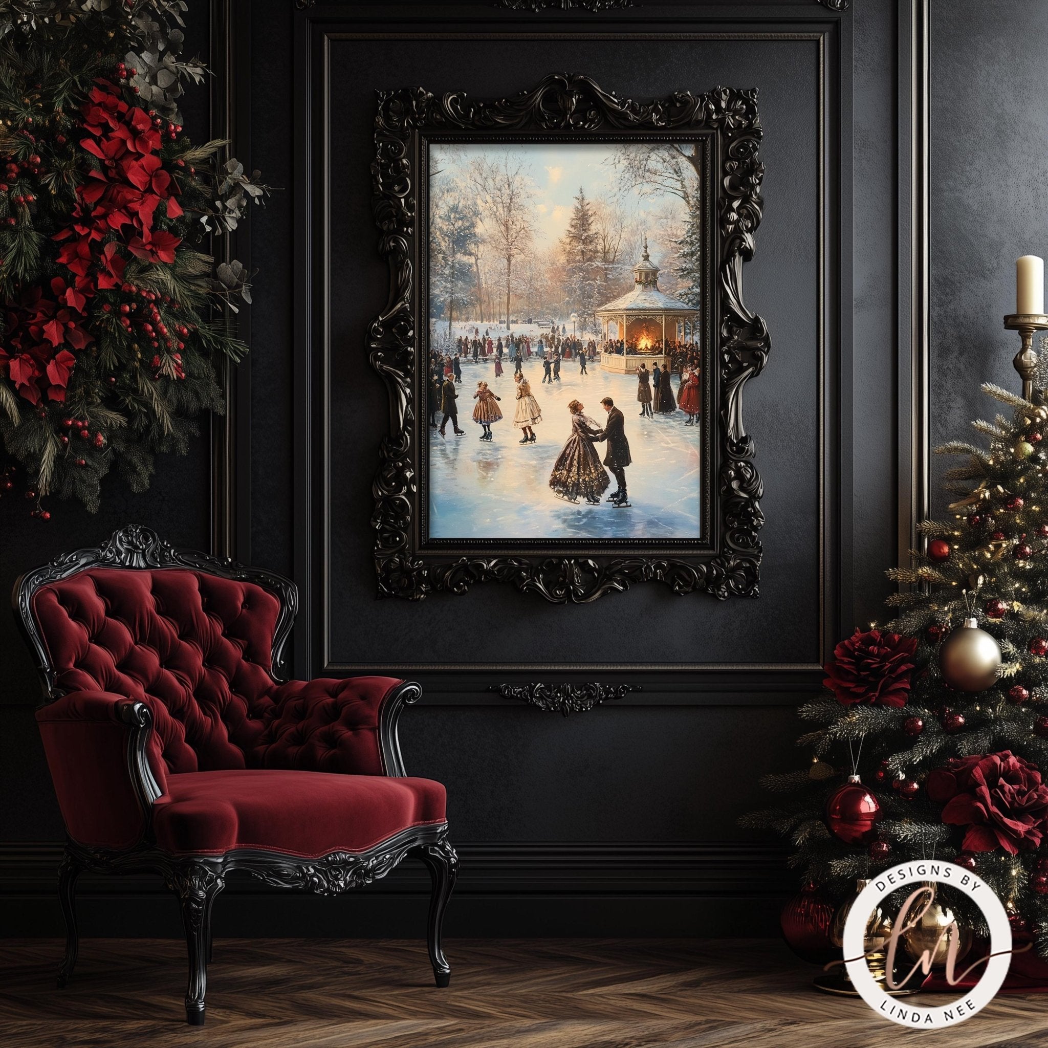 a cozy, festive scene with a large painting of people ice skating on a snowy surface, surrounded by a wintry landscape. The painting is framed in an ornate black frame and hangs on a dark wall. In the foreground, there is a red velvet armchair, and to the right, a Christmas tree decorated with red and gold ornaments.