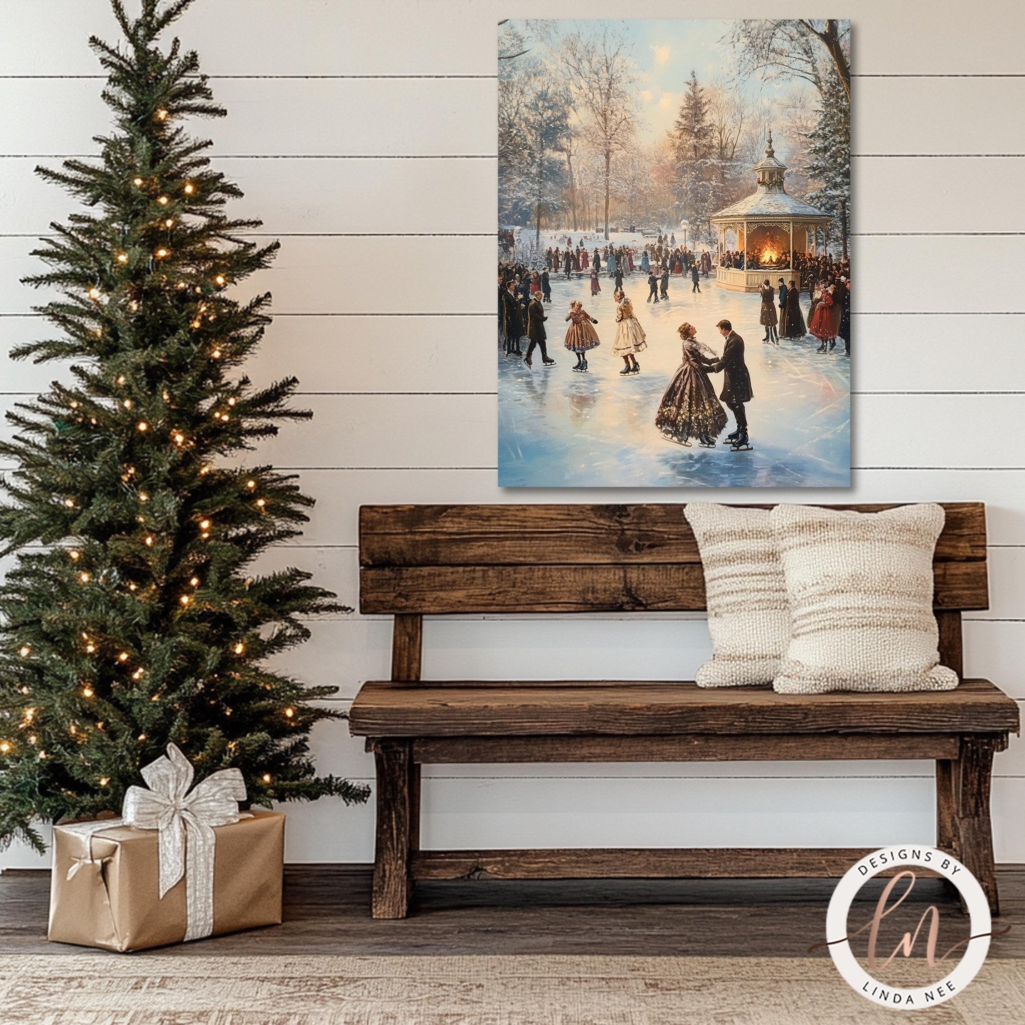 a cozy winter scene with a wooden bench, a decorated Christmas tree, and a painting of people ice skating on a frozen pond.