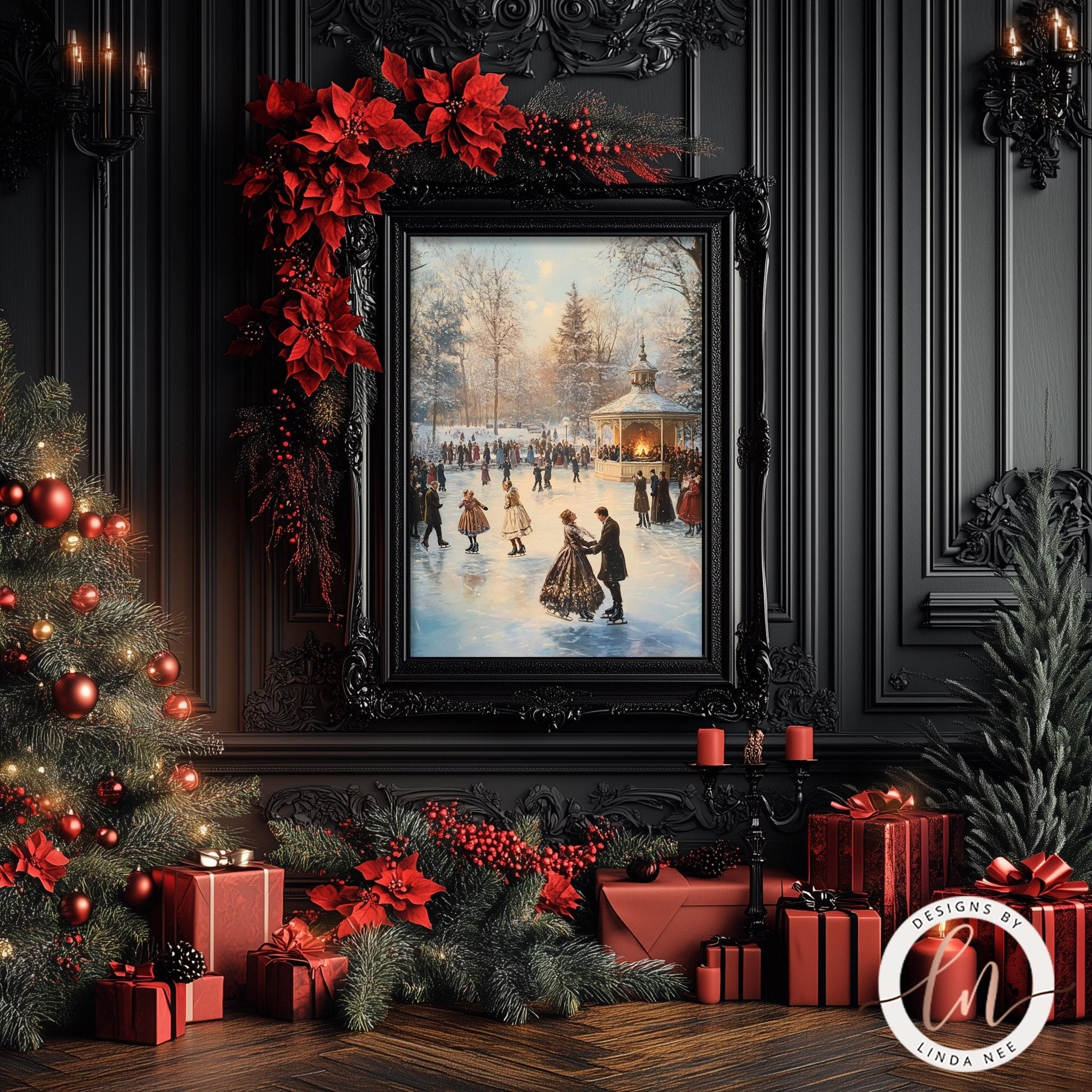 a festive Christmas scene with a framed painting of people ice skating on a snowy surface, surrounded by red poinsettias, red presents, and a decorated Christmas tree.