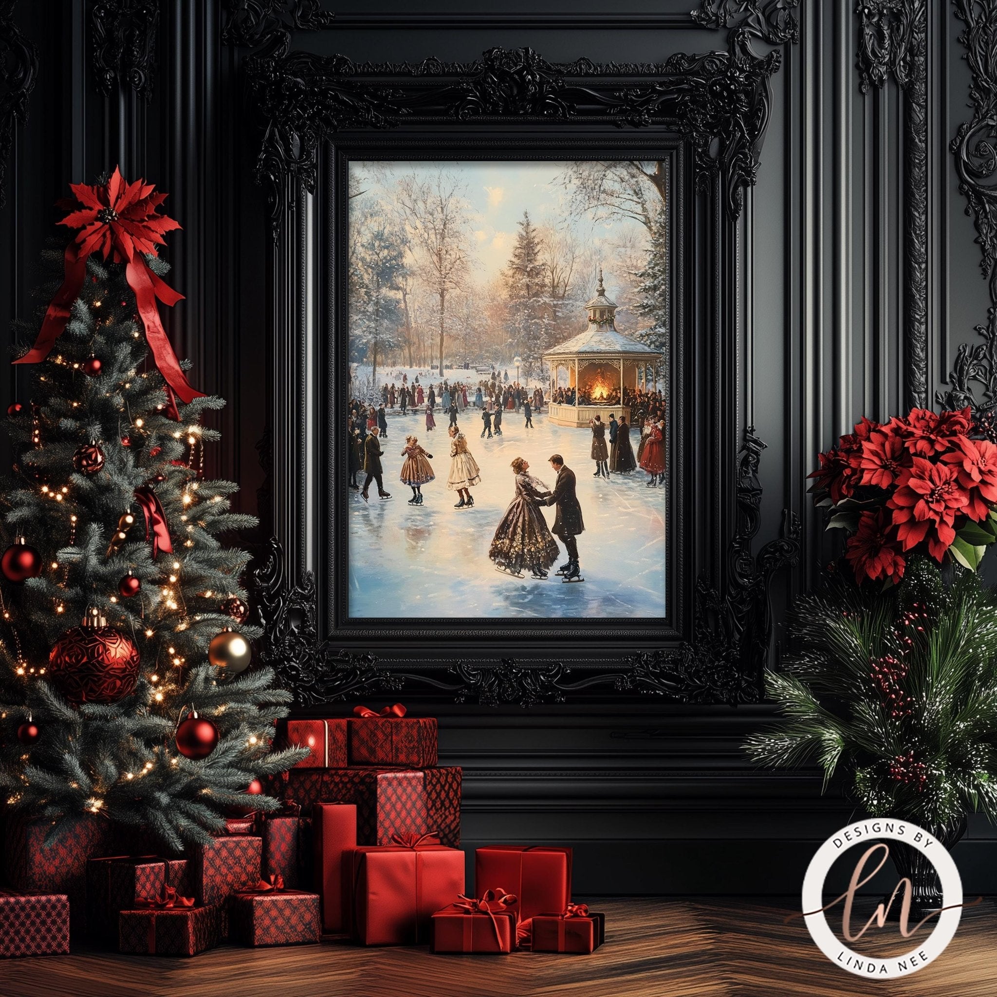 a festive scene with a Christmas tree, a painting of people ice skating, and a pile of wrapped gifts.