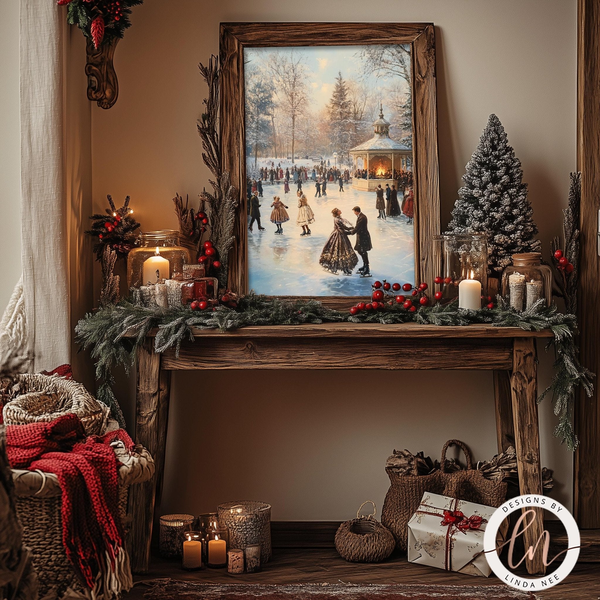 a cozy winter scene with a wooden table adorned with holiday decorations, including a framed painting of people ice skating, a Christmas tree, and various other ornaments and candles.