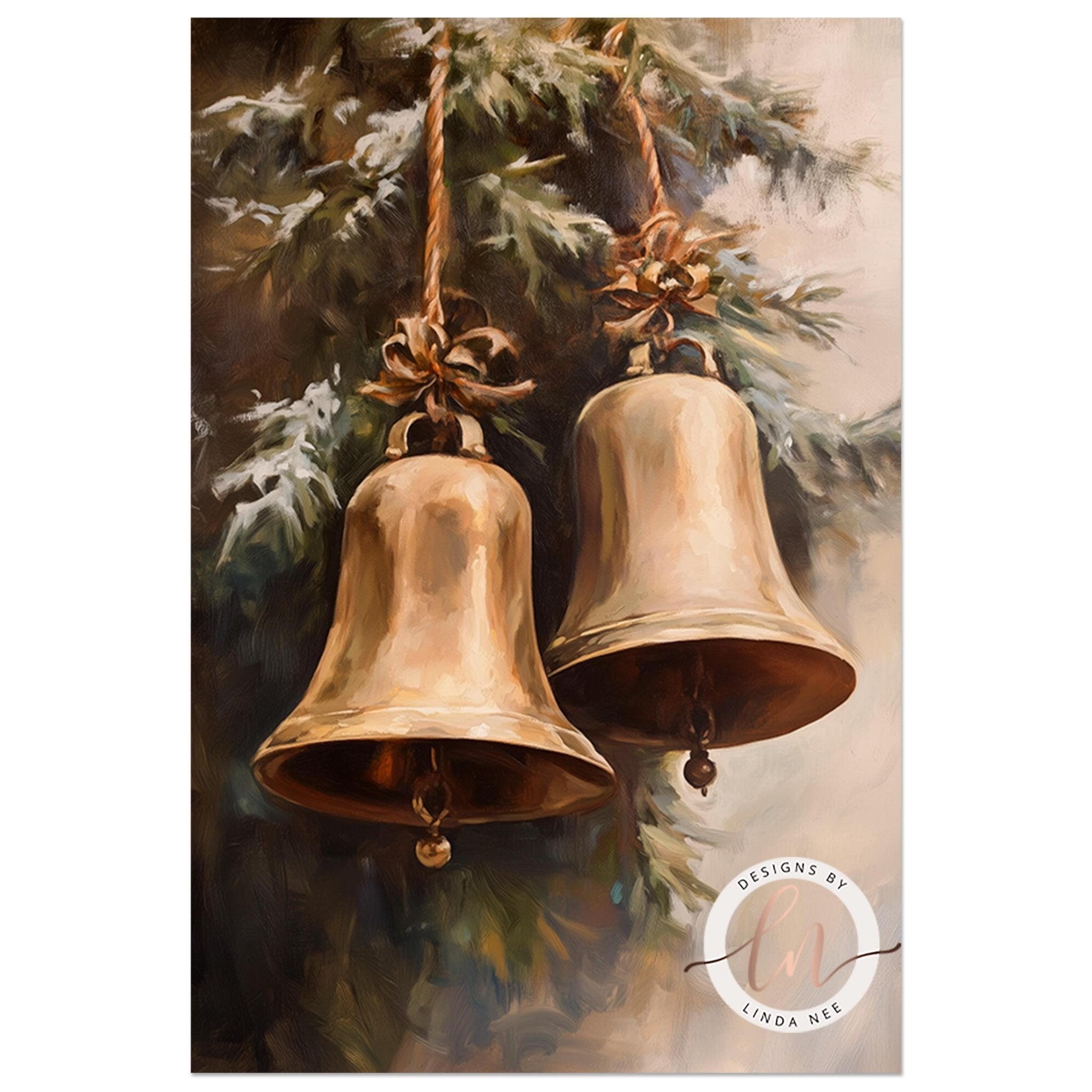 two golden bells hanging from a tree branch, creating a festive and holiday atmosphere.