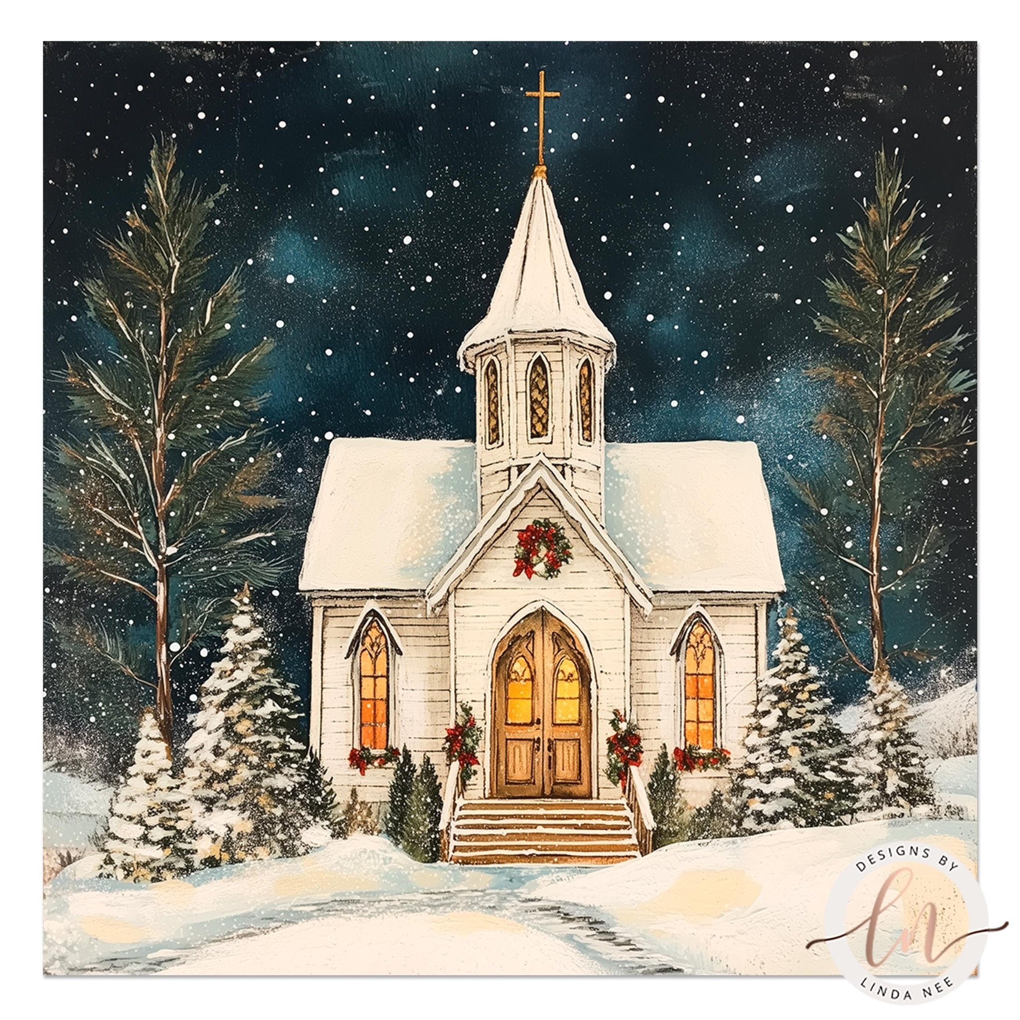 A white church with a steeple and cross stands in a snowy landscape, surrounded by pine trees and a starry night sky.