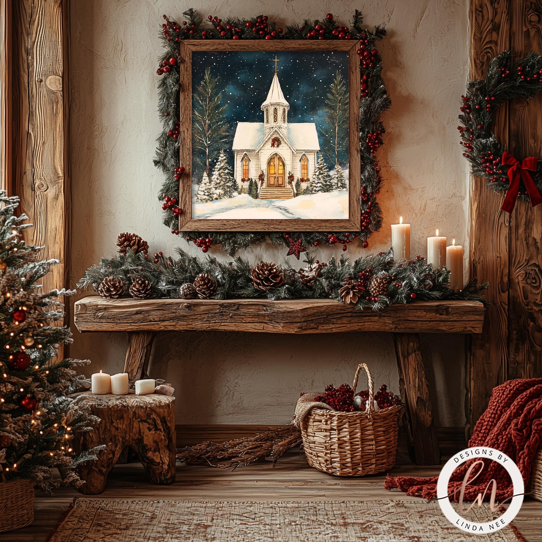 a cozy and festive Christmas scene, featuring a wooden bench adorned with pine cones and a wreath, a Christmas tree, and a framed painting of a snowy church.