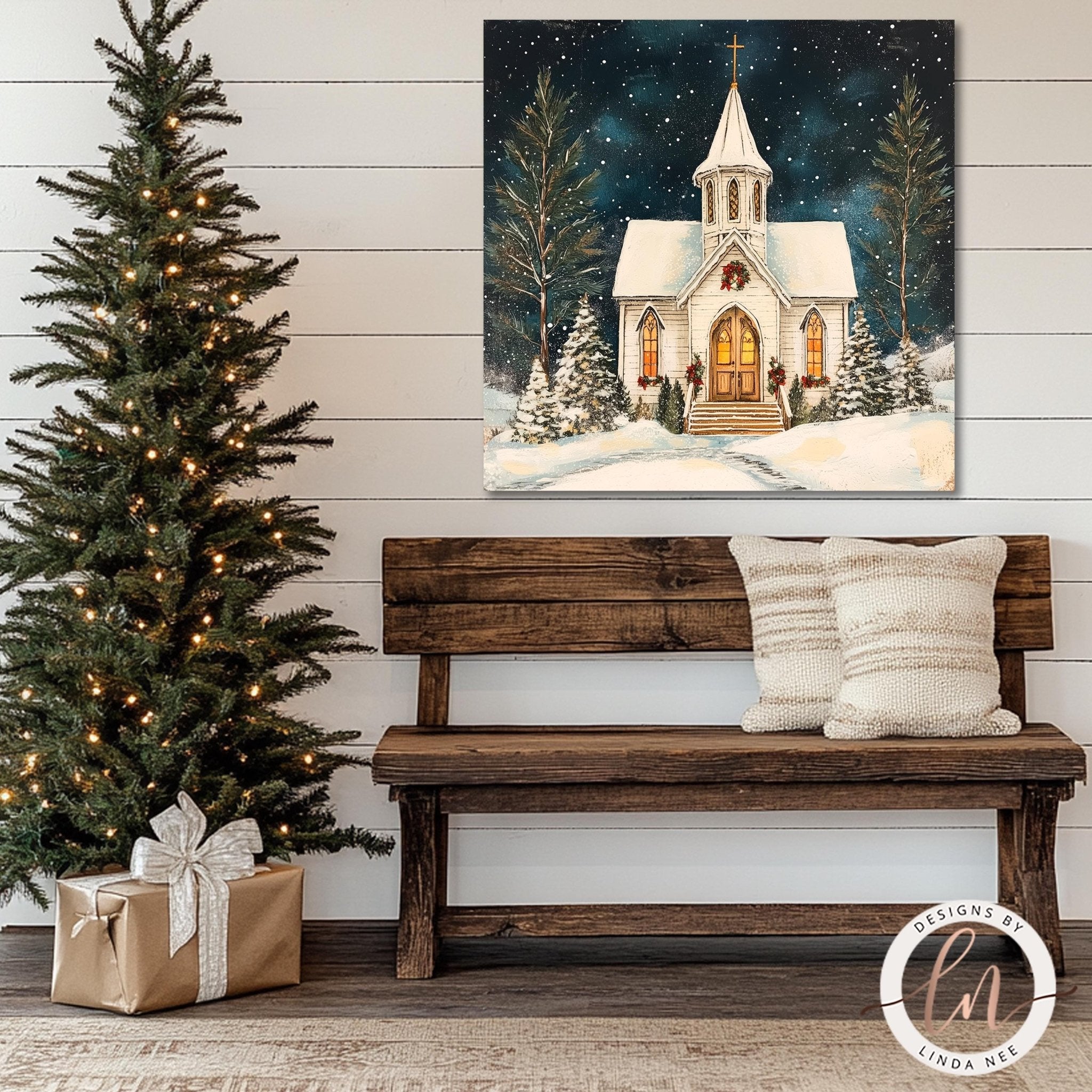 Vintage Church Christmas Scene - Winter Farmhouse Wall Art
