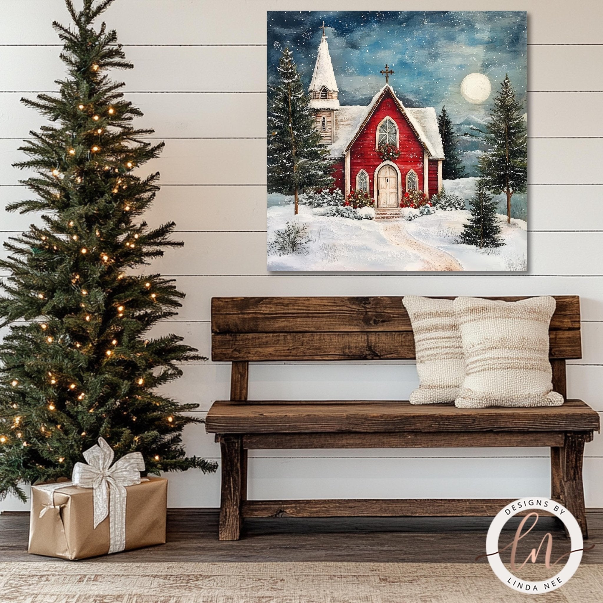 a cozy Christmas scene with a wooden bench, a decorated Christmas tree, and a painting of a red church with a snowy landscape in the background.