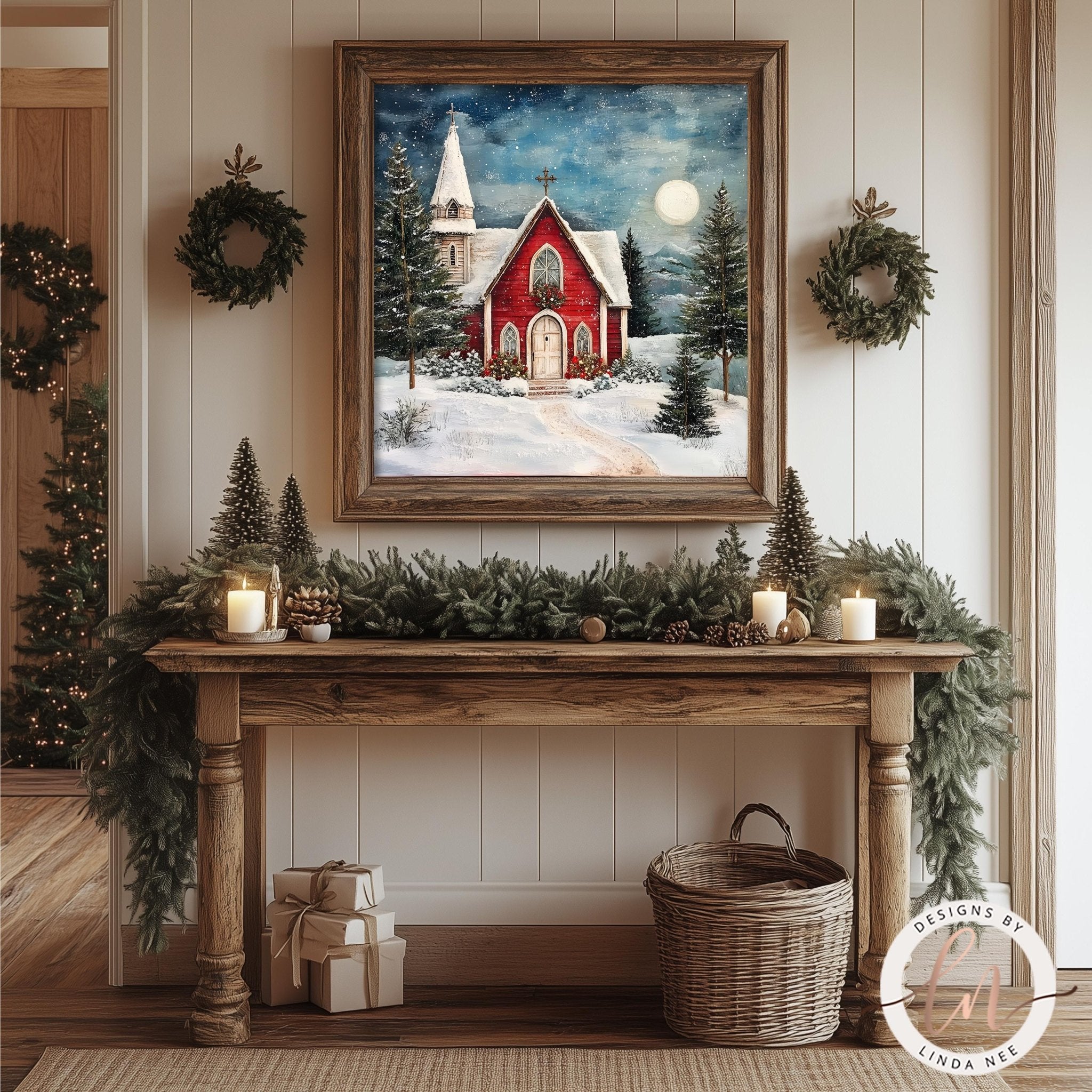 a cozy and festive Christmas scene, featuring a red church with a snowy landscape, a full moon, and a wreath on the wall. The church is surrounded by pine trees, and the scene is decorated with greenery, candles, and presents. The overall atmosphere is warm and inviting, with a sense of tranquility and celebration.