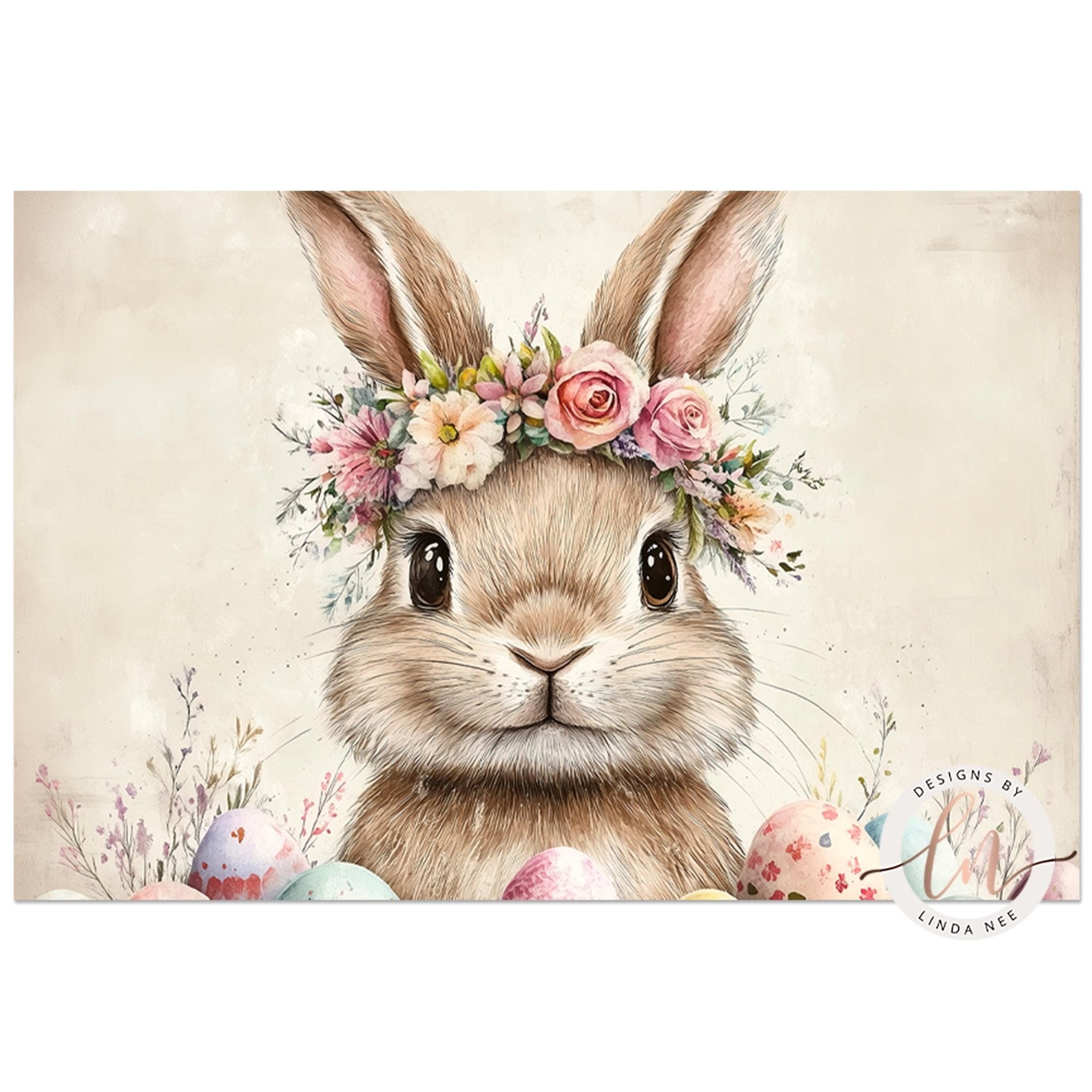 A cute bunny wearing a flower crown and surrounded by Easter eggs.