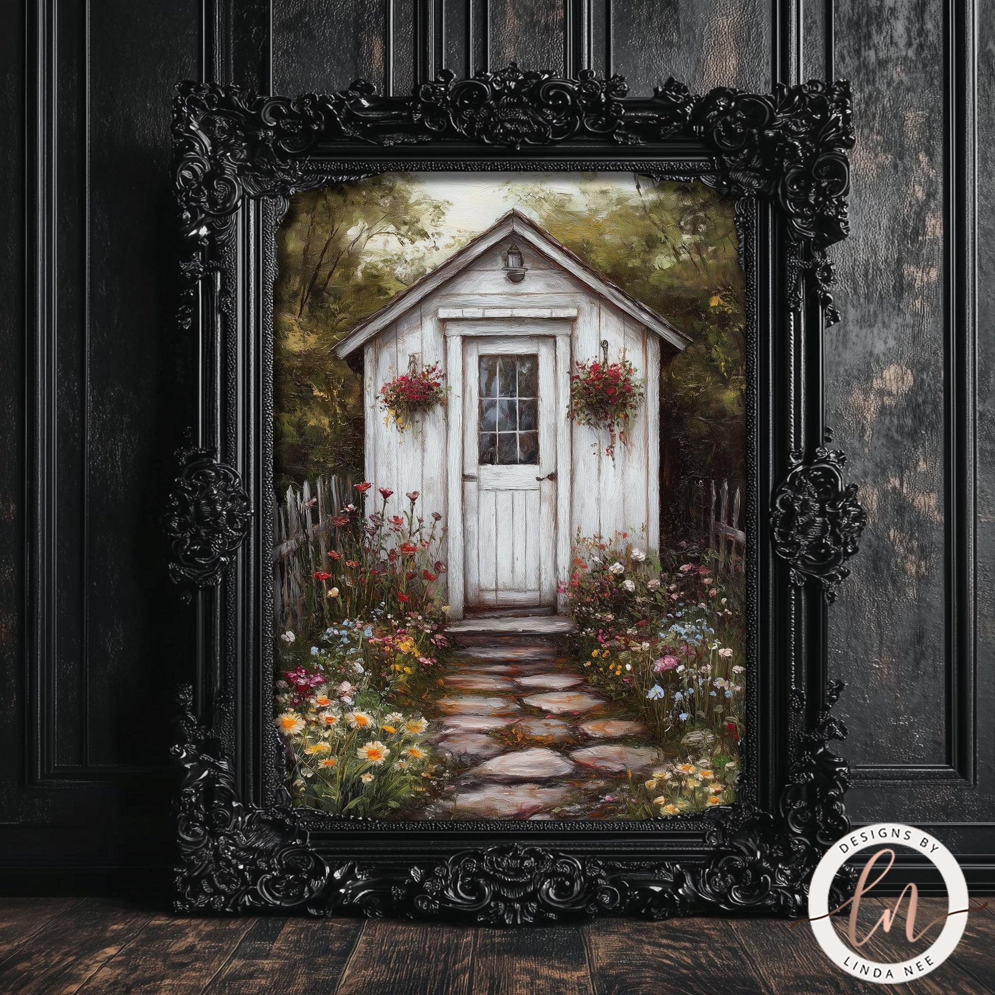 A framed painting depicting a quaint white shed surrounded by a vibrant garden, with a stone path leading up to the door.