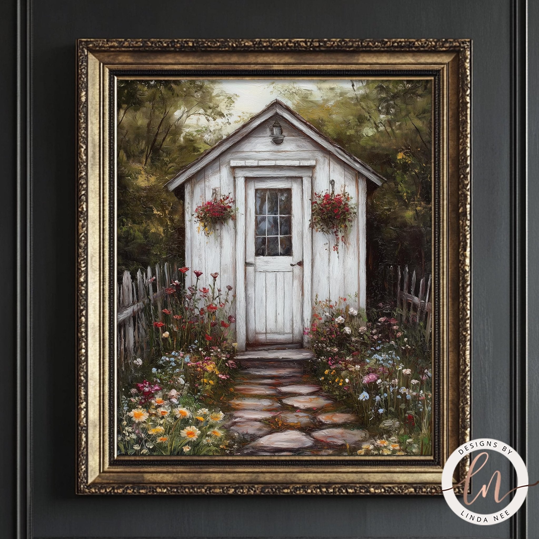 A white wooden shed with a flower-adorned door, surrounded by a lush garden with colorful flowers and a stone path leading up to it.