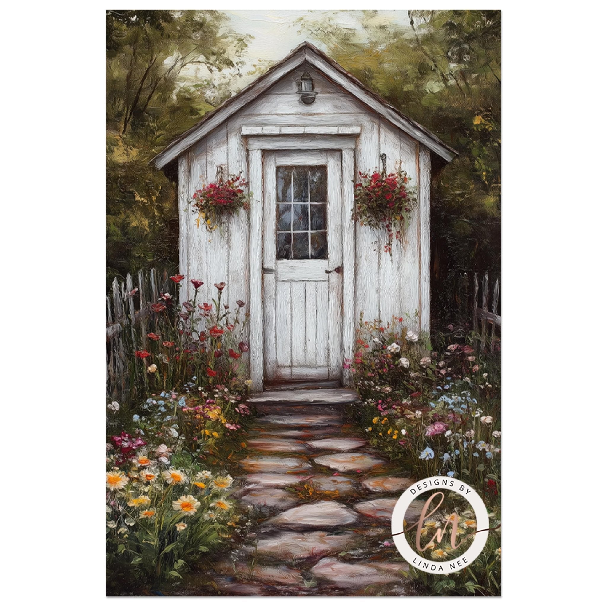 A charming white wooden shed nestled in a lush garden, surrounded by vibrant flowers and a stone path leading up to it.