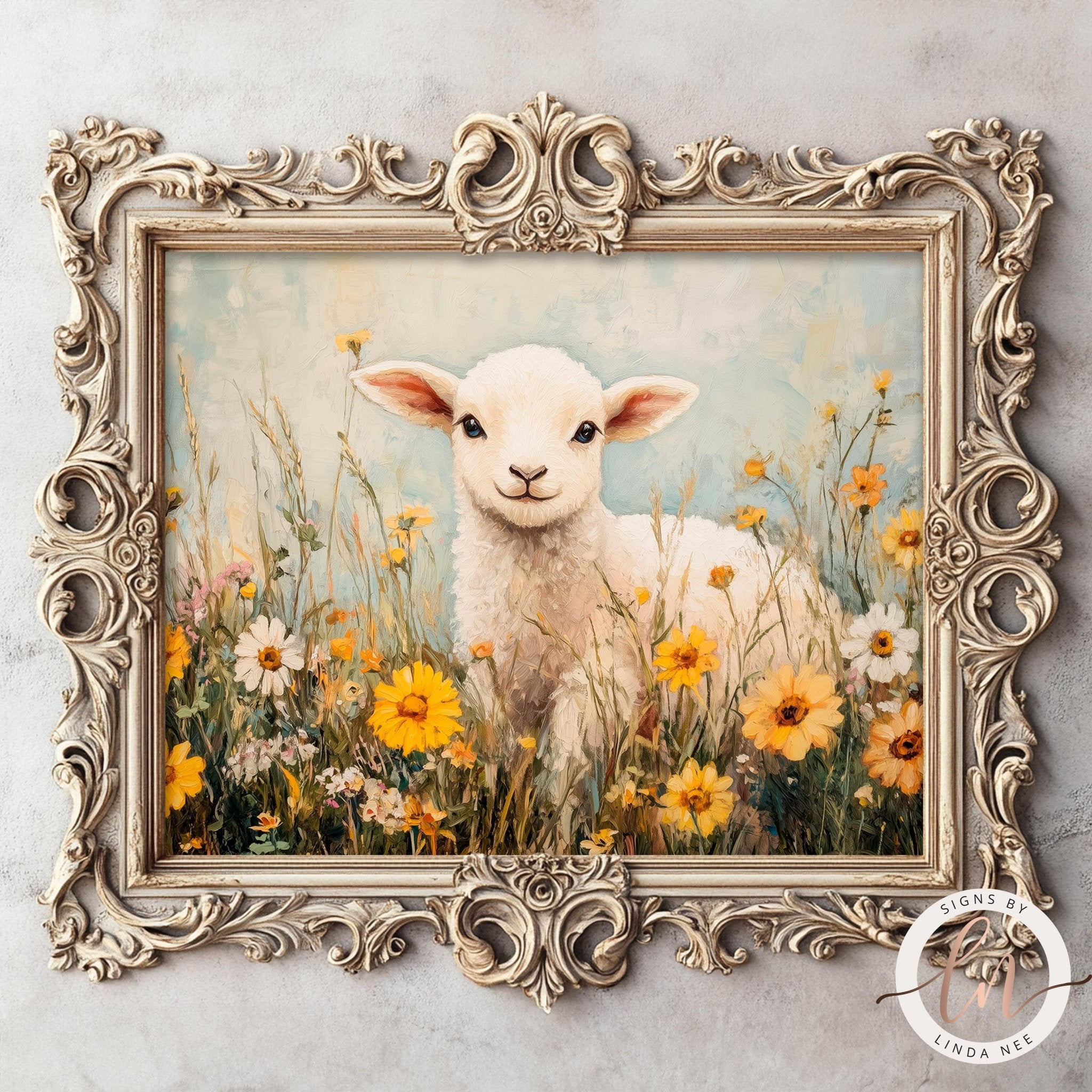 A painting of a lamb sitting in a field of flowers, with a decorative frame surrounding the artwork.