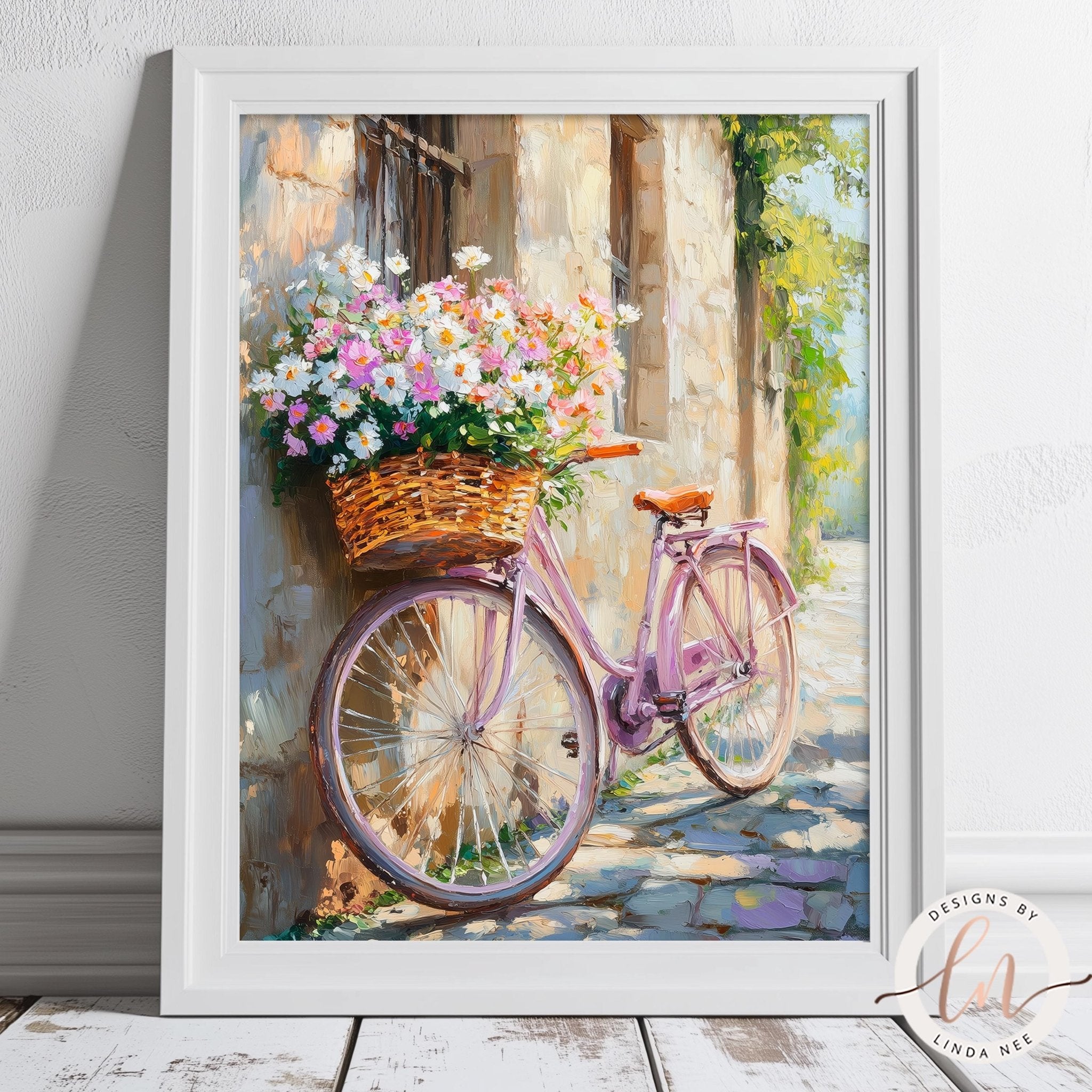 Vintage Pink Bike Wall Art - Rustic Daisy Garden Decor