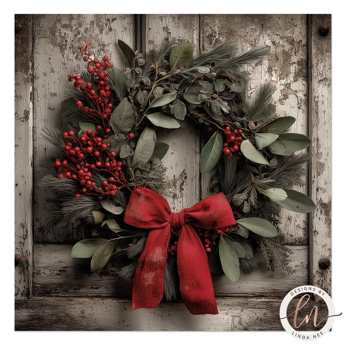 A wreath of greenery, red berries, and a red ribbon is displayed on a weathered wooden door.
